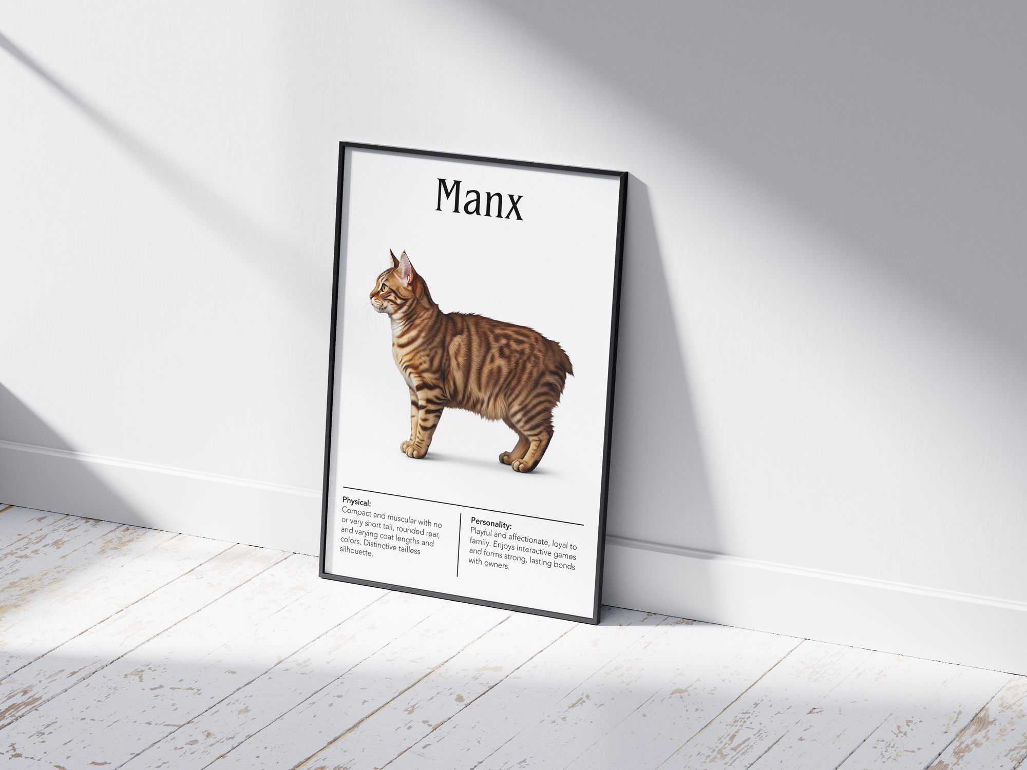 Charming Manx cat breed poster featuring a detailed illustration of the tailless cat with its distinctive hind legs, printed on semi-gloss sustainable paper. Perfect wall art for playful living rooms, children's rooms, or cozy interiors with a unique and affectionate aesthetic.