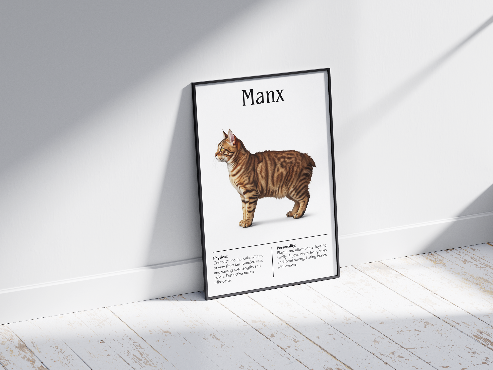 Charming Manx cat breed poster featuring a detailed illustration of the tailless cat with its distinctive hind legs, printed on semi-gloss sustainable paper. Perfect wall art for playful living rooms, children's rooms, or cozy interiors with a unique and affectionate aesthetic.