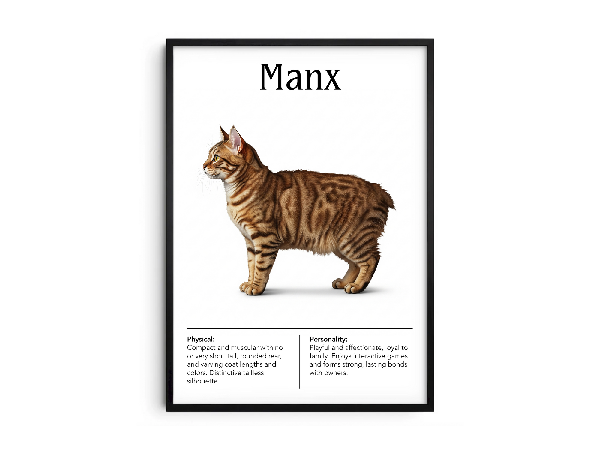 Charming Manx cat breed poster featuring a detailed illustration of the tailless cat with its distinctive hind legs, printed on semi-gloss sustainable paper. Perfect wall art for playful living rooms, children's rooms, or cozy interiors with a unique and affectionate aesthetic.