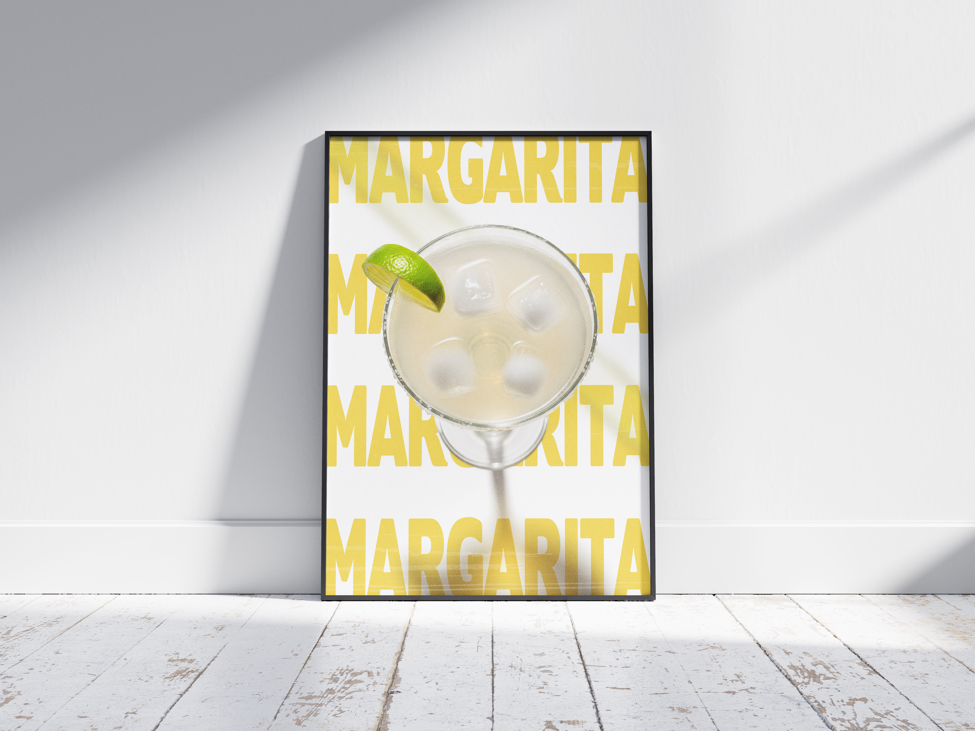 Classic Margarita cocktail poster featuring lively typography and a refreshing drink illustration, printed on semi-gloss sustainable paper. Perfect wall art for kitchens, bar areas, or modern interiors with a vibrant and festive aesthetic.