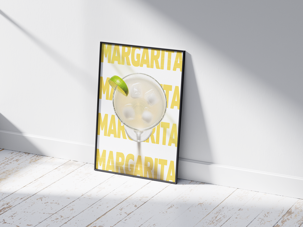 Classic Margarita cocktail poster featuring lively typography and a refreshing drink illustration, printed on semi-gloss sustainable paper. Perfect wall art for kitchens, bar areas, or modern interiors with a vibrant and festive aesthetic.