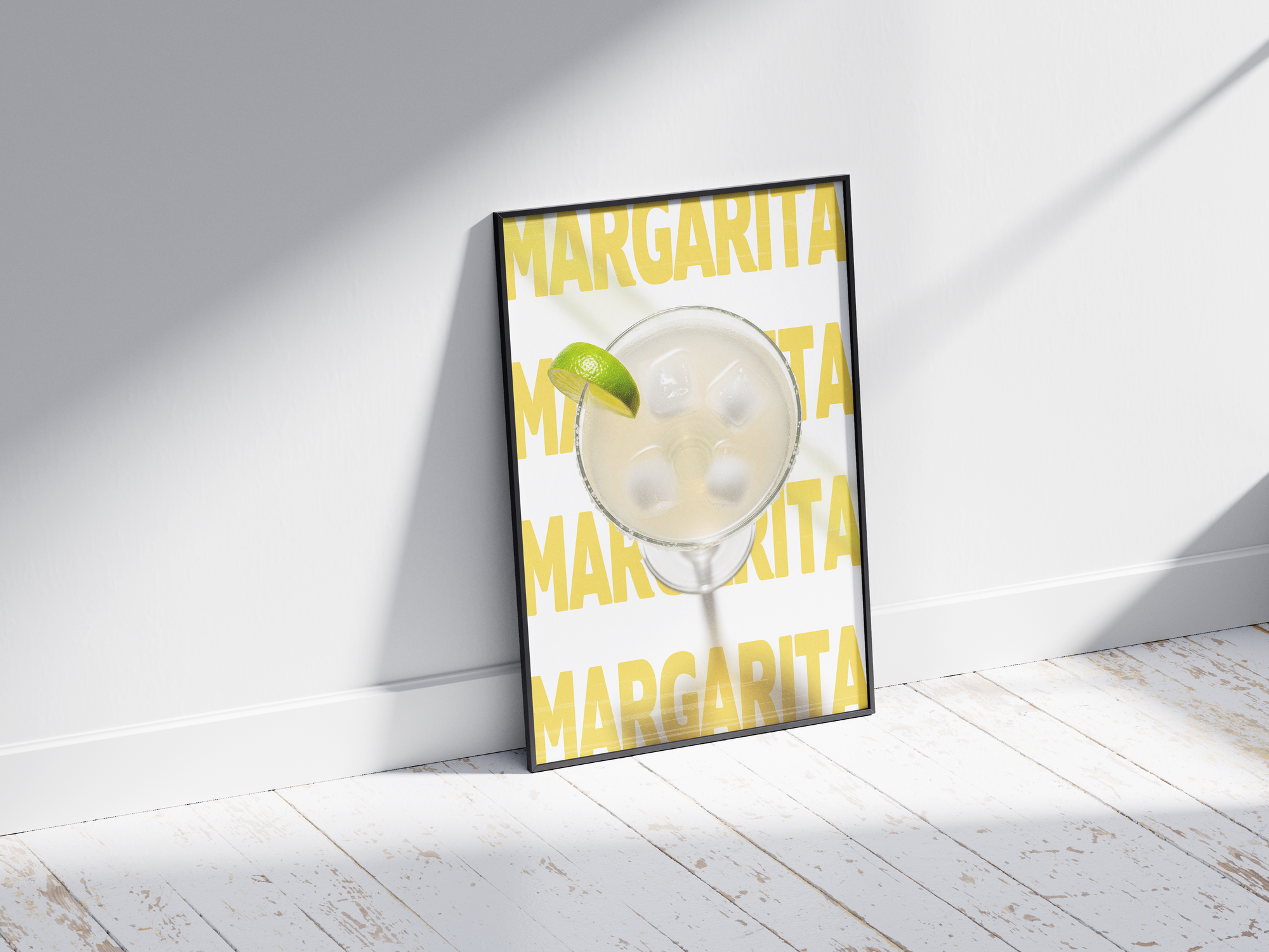 Classic Margarita cocktail poster featuring lively typography and a refreshing drink illustration, printed on semi-gloss sustainable paper. Perfect wall art for kitchens, bar areas, or modern interiors with a vibrant and festive aesthetic.