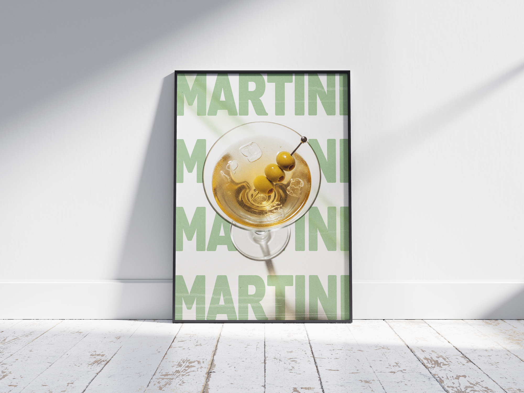 Classic Martini cocktail poster featuring sleek typography and a distinguished drink illustration, printed on semi-gloss sustainable paper. Perfect wall art for living rooms, bar areas, or modern interiors with a classic and elegant aesthetic.