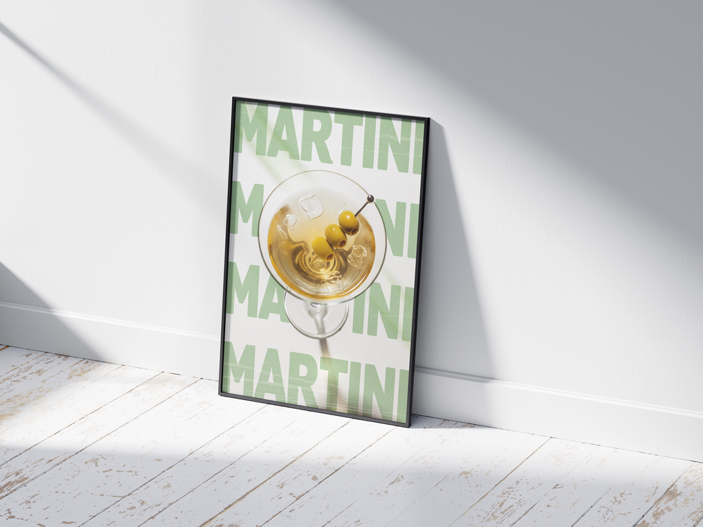 Classic Martini cocktail poster featuring sleek typography and a distinguished drink illustration, printed on semi-gloss sustainable paper. Perfect wall art for living rooms, bar areas, or modern interiors with a classic and elegant aesthetic.