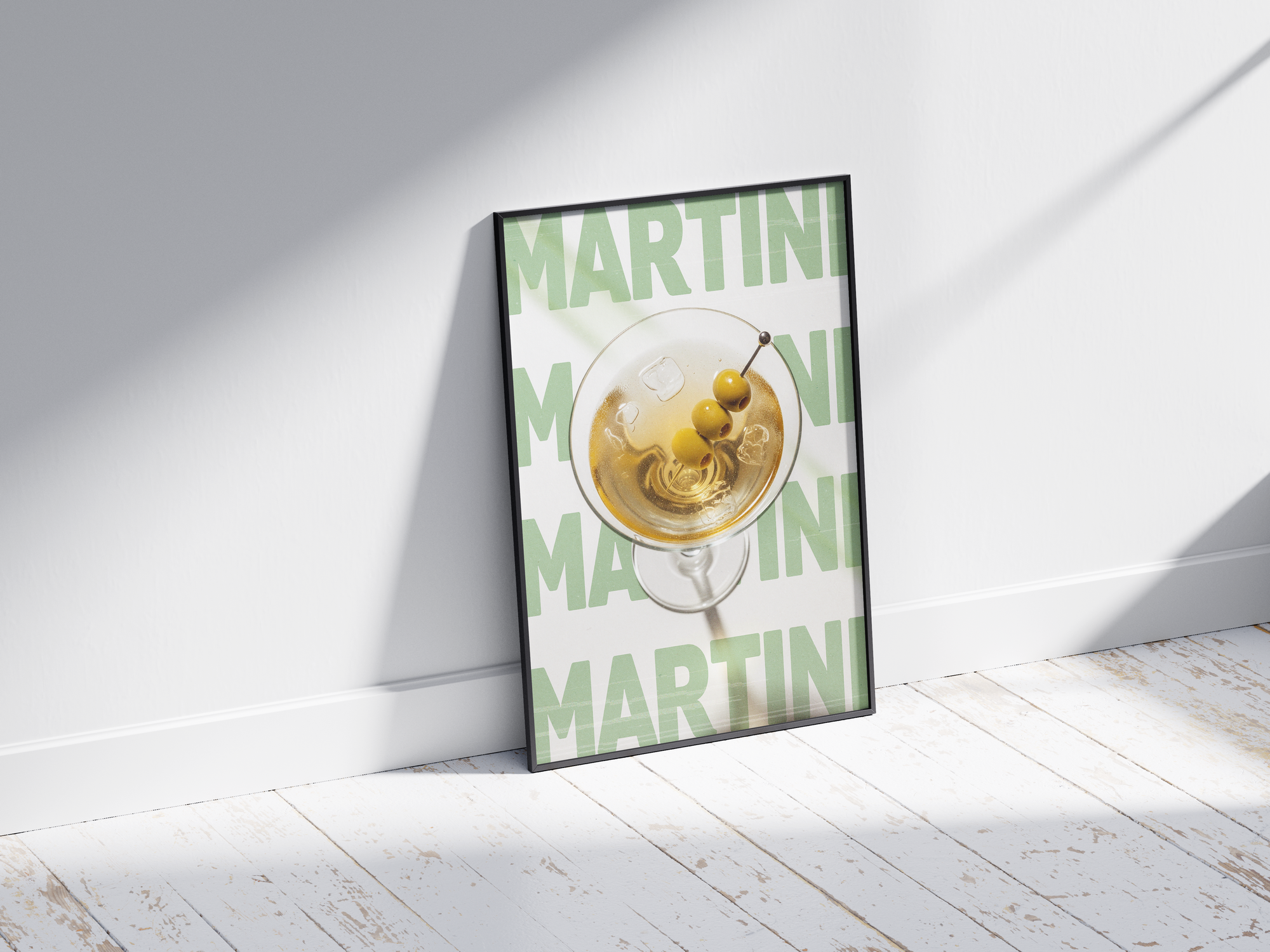 Classic Martini cocktail poster featuring sleek typography and a distinguished drink illustration, printed on semi-gloss sustainable paper. Perfect wall art for living rooms, bar areas, or modern interiors with a classic and elegant aesthetic.