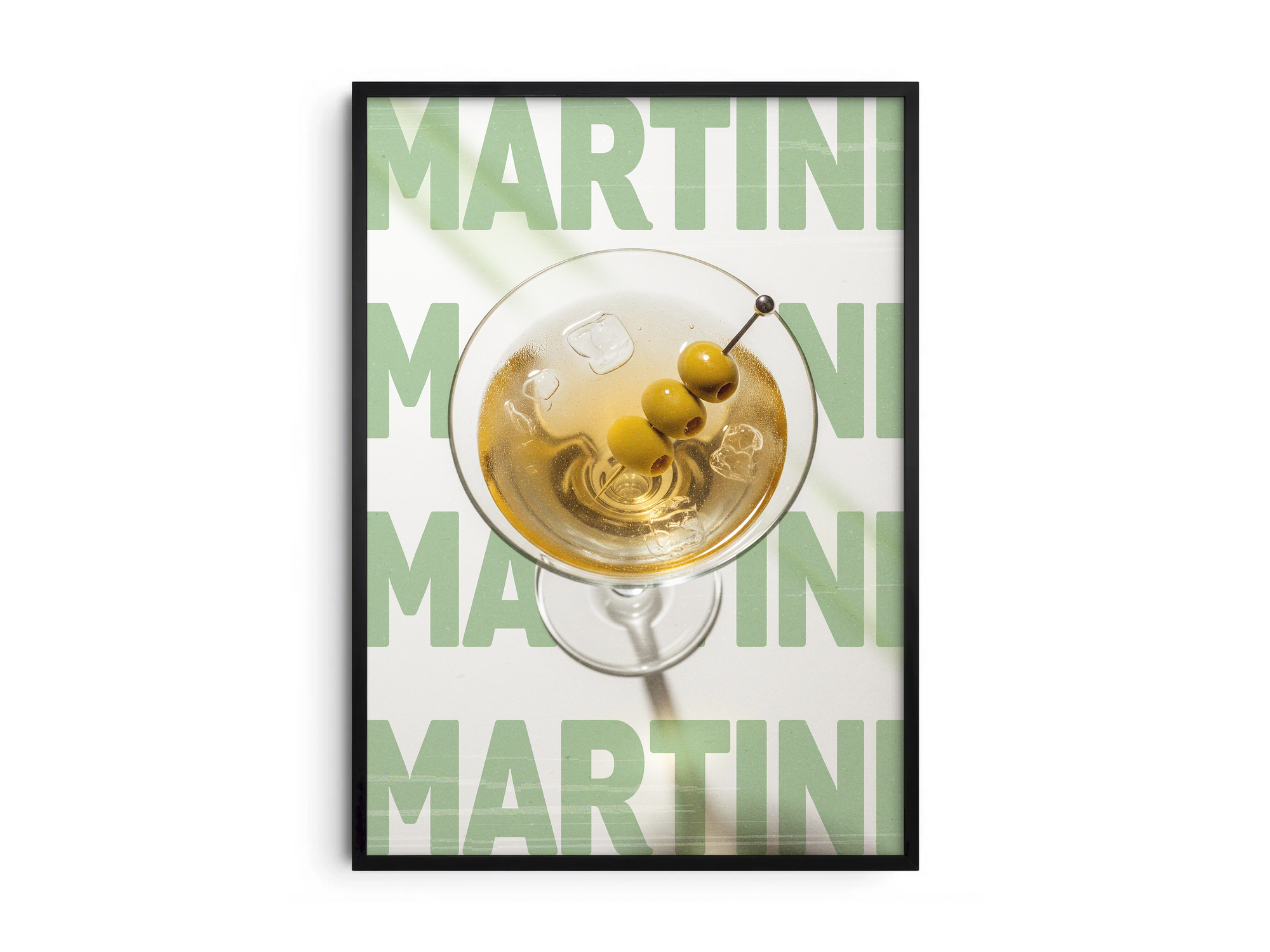 Classic Martini cocktail poster featuring sleek typography and a distinguished drink illustration, printed on semi-gloss sustainable paper. Perfect wall art for living rooms, bar areas, or modern interiors with a classic and elegant aesthetic.