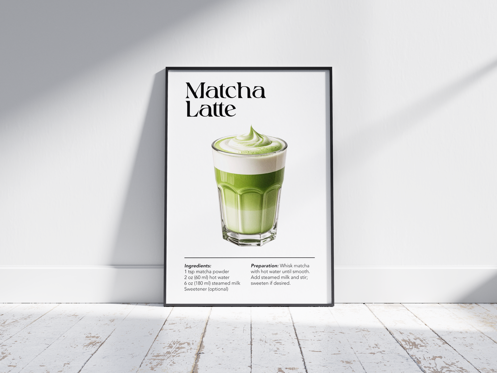 Minimalist Matcha Latte art poster featuring a detailed illustration of the green tea drink with its recipe, printed on semi-gloss sustainable paper. Perfect wall art for kitchens, wellness areas, or modern interiors with a serene and vibrant aesthetic.