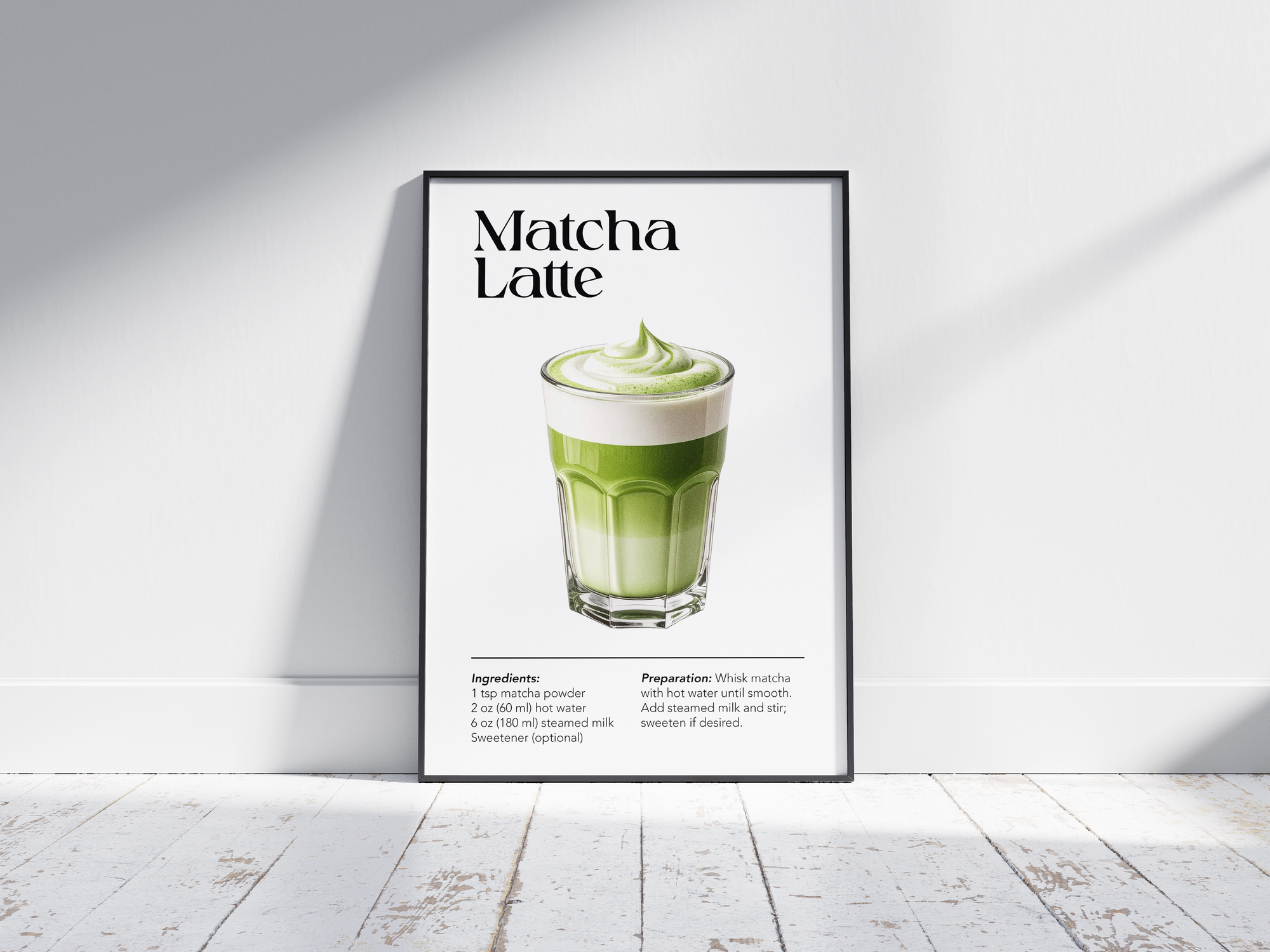 Minimalist Matcha Latte art poster featuring a detailed illustration of the green tea drink with its recipe, printed on semi-gloss sustainable paper. Perfect wall art for kitchens, wellness areas, or modern interiors with a serene and vibrant aesthetic.