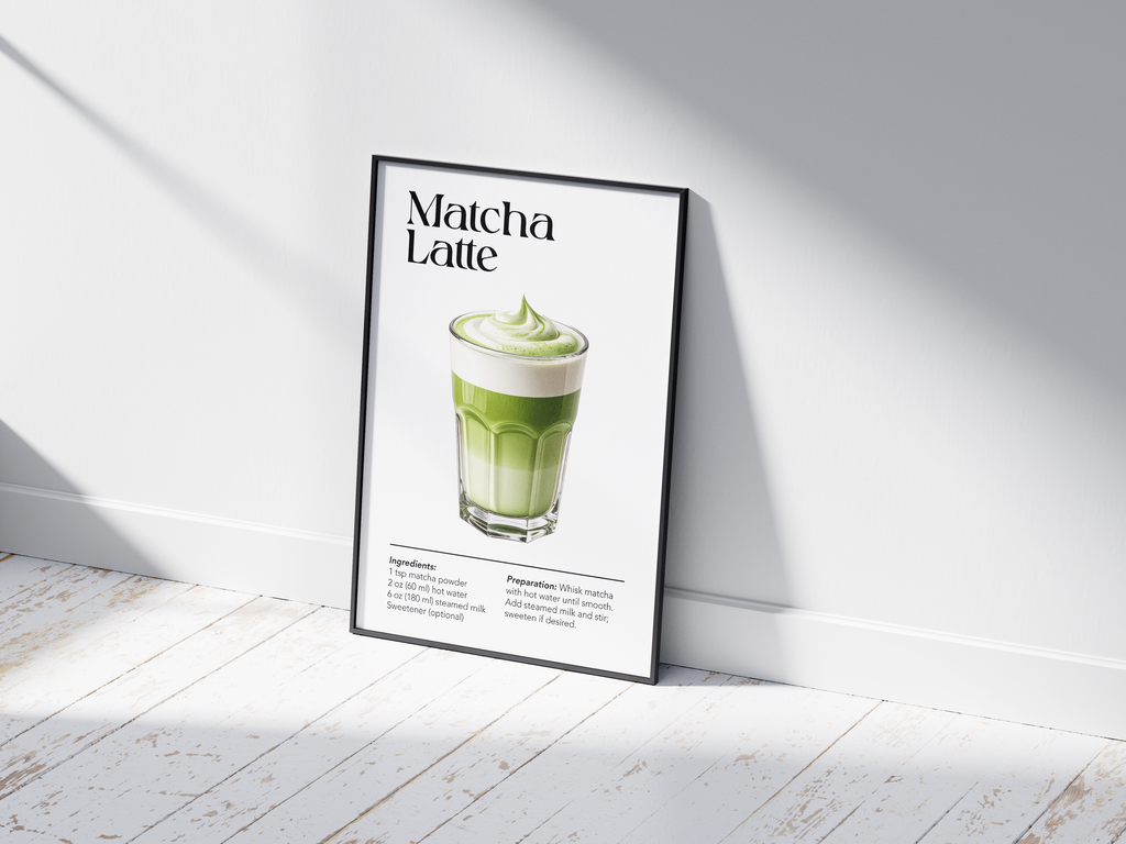 Minimalist Matcha Latte art poster featuring a detailed illustration of the green tea drink with its recipe, printed on semi-gloss sustainable paper. Perfect wall art for kitchens, wellness areas, or modern interiors with a serene and vibrant aesthetic.