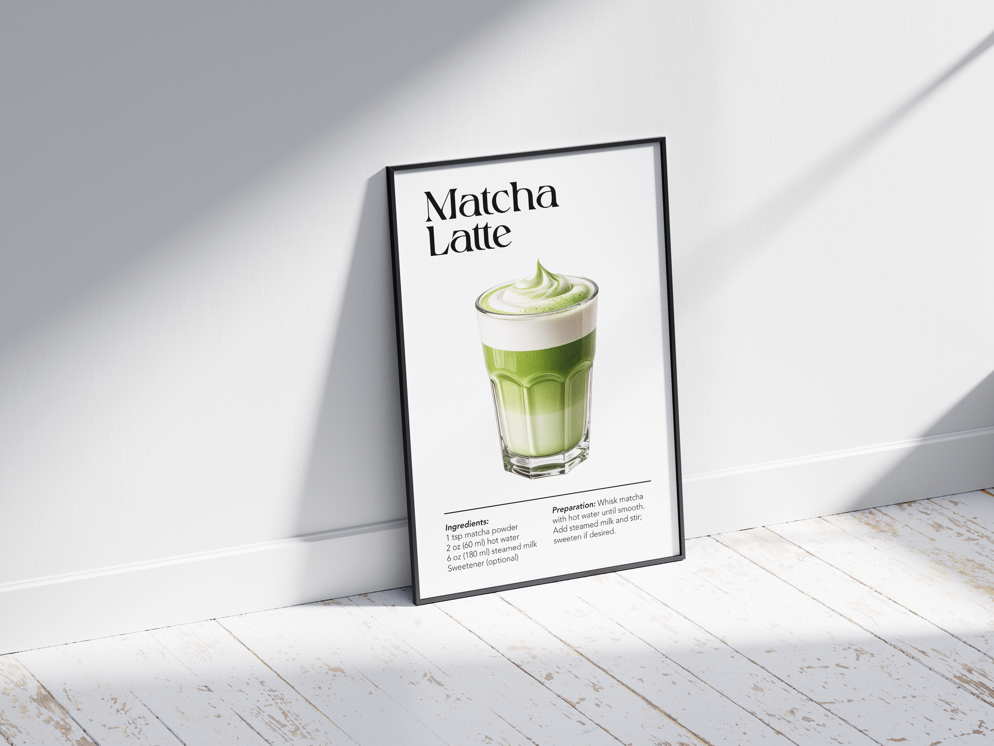 Minimalist Matcha Latte art poster featuring a detailed illustration of the green tea drink with its recipe, printed on semi-gloss sustainable paper. Perfect wall art for kitchens, wellness areas, or modern interiors with a serene and vibrant aesthetic.