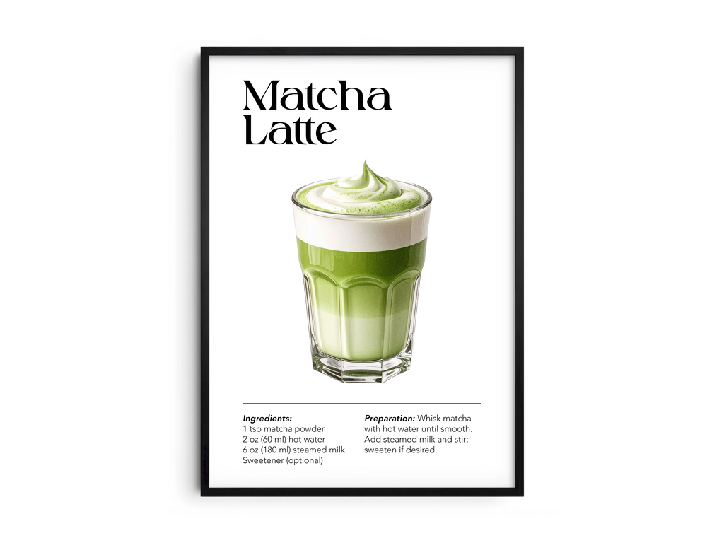 Minimalist Matcha Latte art poster featuring a detailed illustration of the green tea drink with its recipe, printed on semi-gloss sustainable paper. Perfect wall art for kitchens, wellness areas, or modern interiors with a serene and vibrant aesthetic.