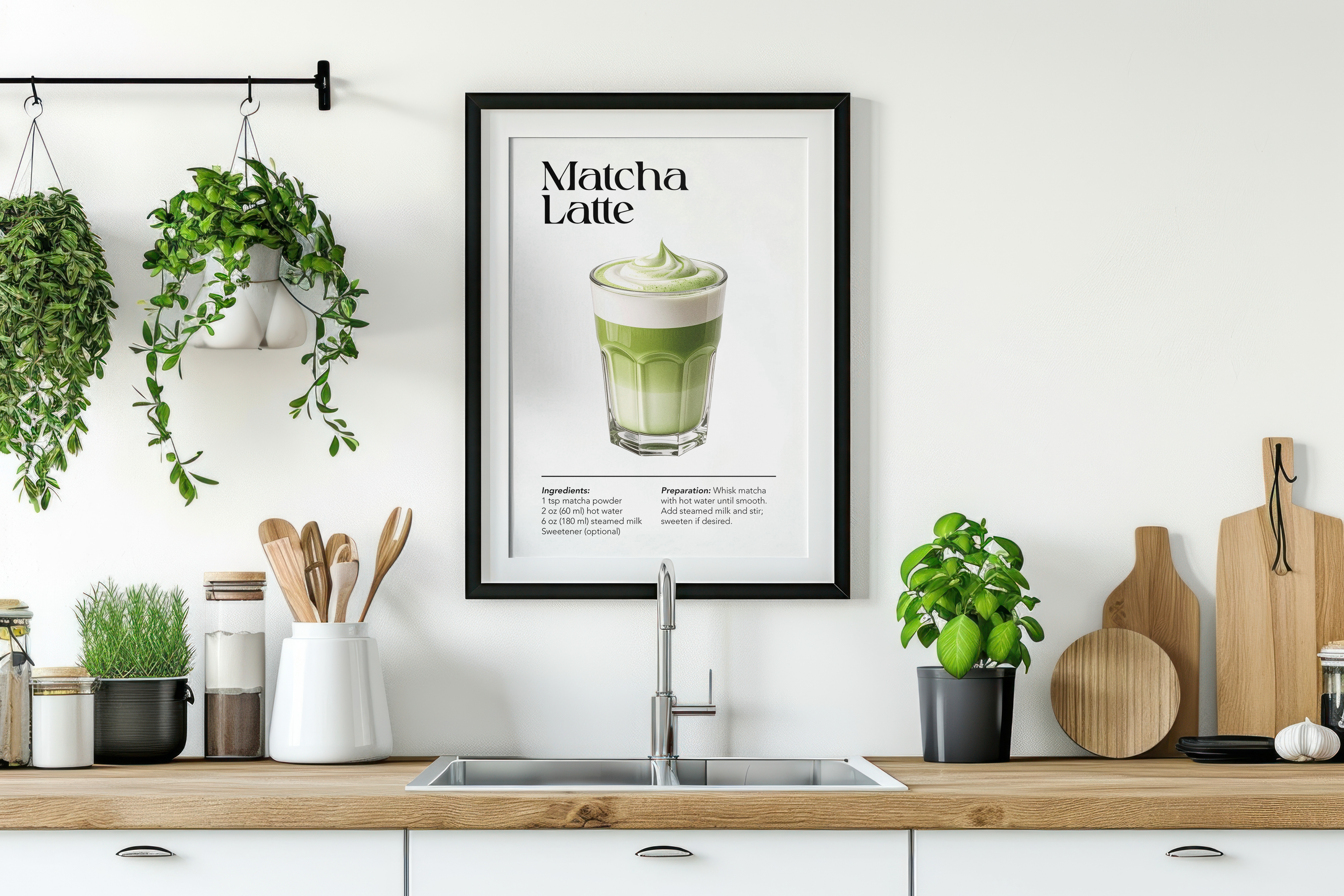 A black-framed poster with an illustration and recipe for a Matcha Latte, hanging above a modern kitchen sink and wooden countertop with potted plants and wooden utensils.