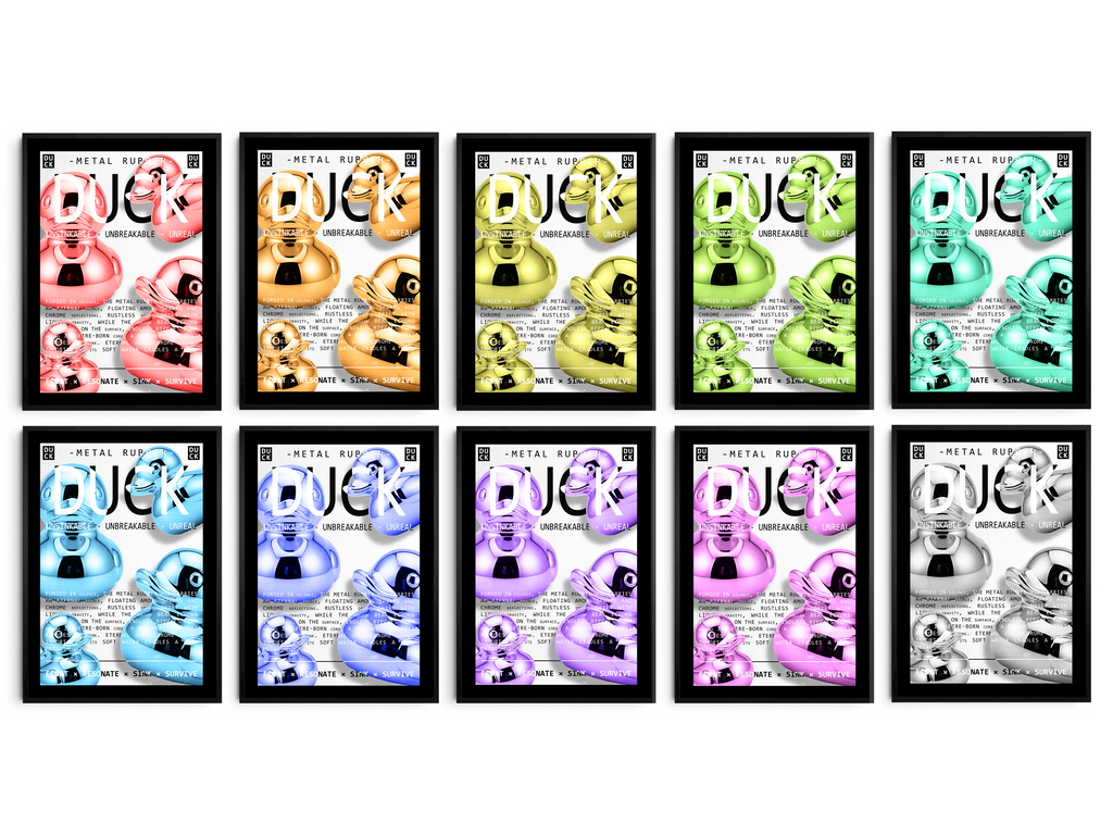 Vibrant metallic rubber duck poster featuring a glossy and reflective illustration in various colors. This modern pop art print is perfect for adding a bold and playful statement to living rooms, offices, or minimalist interiors.