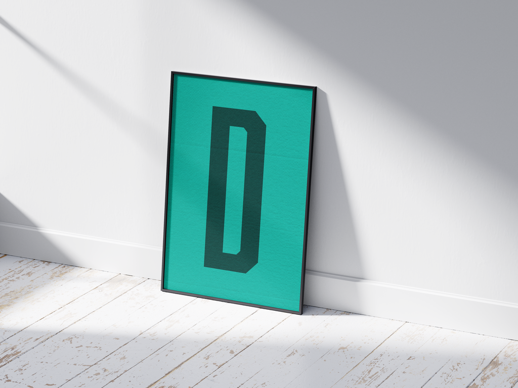 Sleek and minimalist alphabet letter D poster, featuring a geometric dark teal 'D' on a vibrant turquoise background. Perfect sophisticated wall art for modern offices, libraries, or gallery walls with a calm, graphic, and monochromatic color palette.