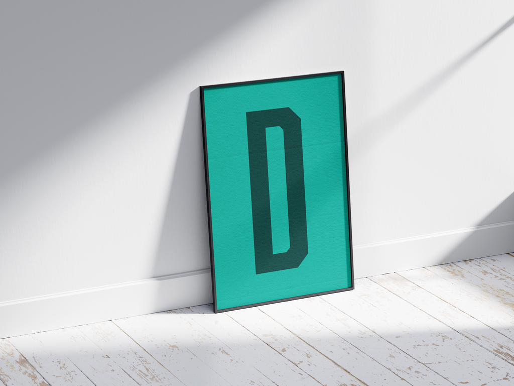 Sleek and minimalist alphabet letter D poster, featuring a geometric dark teal 'D' on a vibrant turquoise background. Perfect sophisticated wall art for modern offices, libraries, or gallery walls with a calm, graphic, and monochromatic color palette.