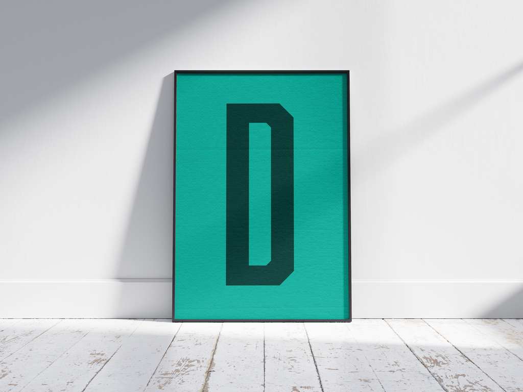 Sleek and minimalist alphabet letter D poster, featuring a geometric dark teal 'D' on a vibrant turquoise background. Perfect sophisticated wall art for modern offices, libraries, or gallery walls with a calm, graphic, and monochromatic color palette.