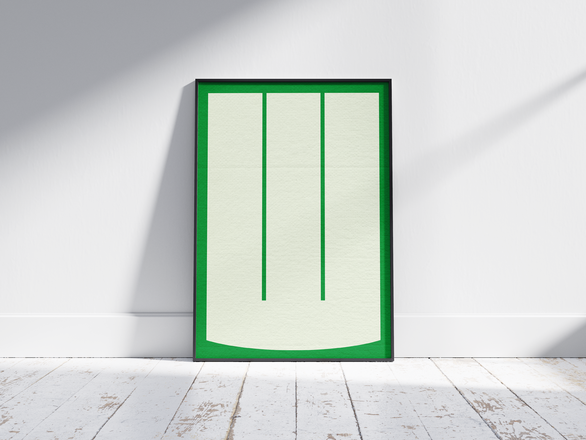 Minimalist geometric alphabet letter W poster, featuring two vertical green bars on a large off-white field on an emerald green background. Perfect Scandinavian wall art for offices, living rooms, or gallery walls with a clean, confident, and monochromatic aesthetic.