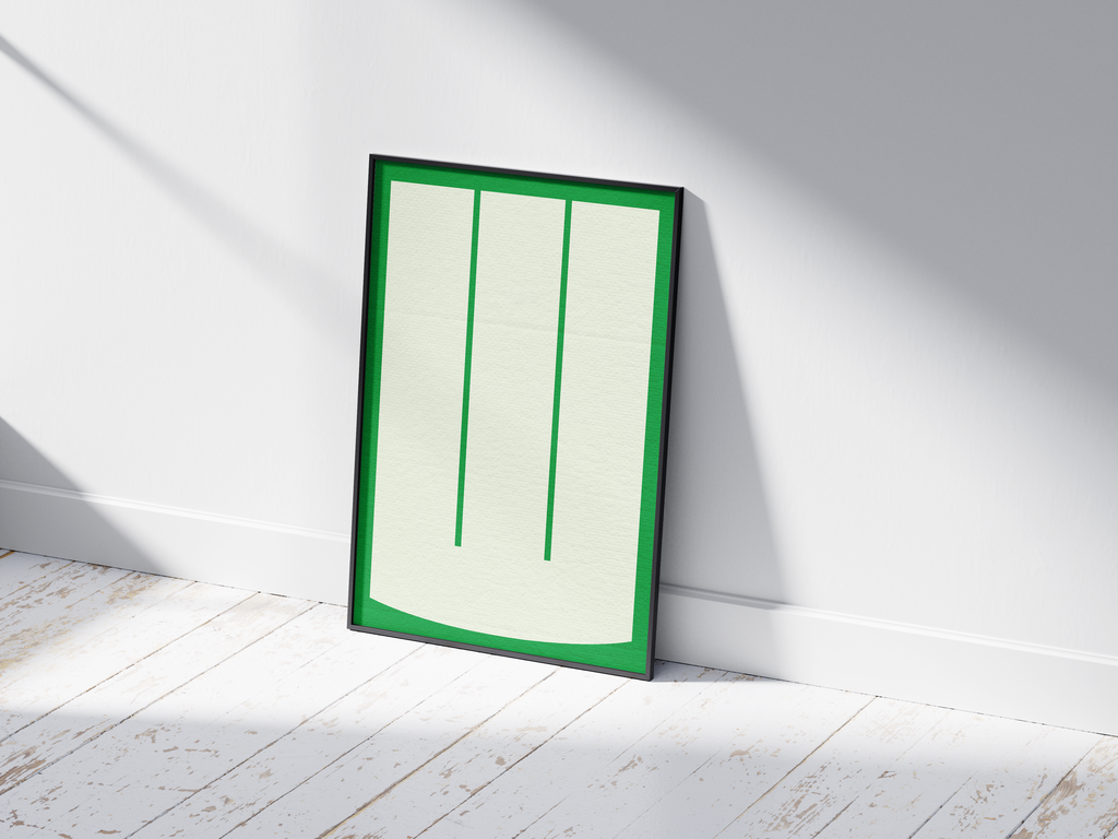 Minimalist geometric alphabet letter W poster, featuring two vertical green bars on a large off-white field on an emerald green background. Perfect Scandinavian wall art for offices, living rooms, or gallery walls with a clean, confident, and monochromatic aesthetic.