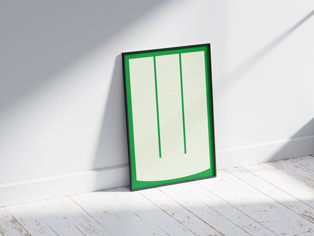 Minimalist geometric alphabet letter W poster, featuring two vertical green bars on a large off-white field on an emerald green background. Perfect Scandinavian wall art for offices, living rooms, or gallery walls with a clean, confident, and monochromatic aesthetic.