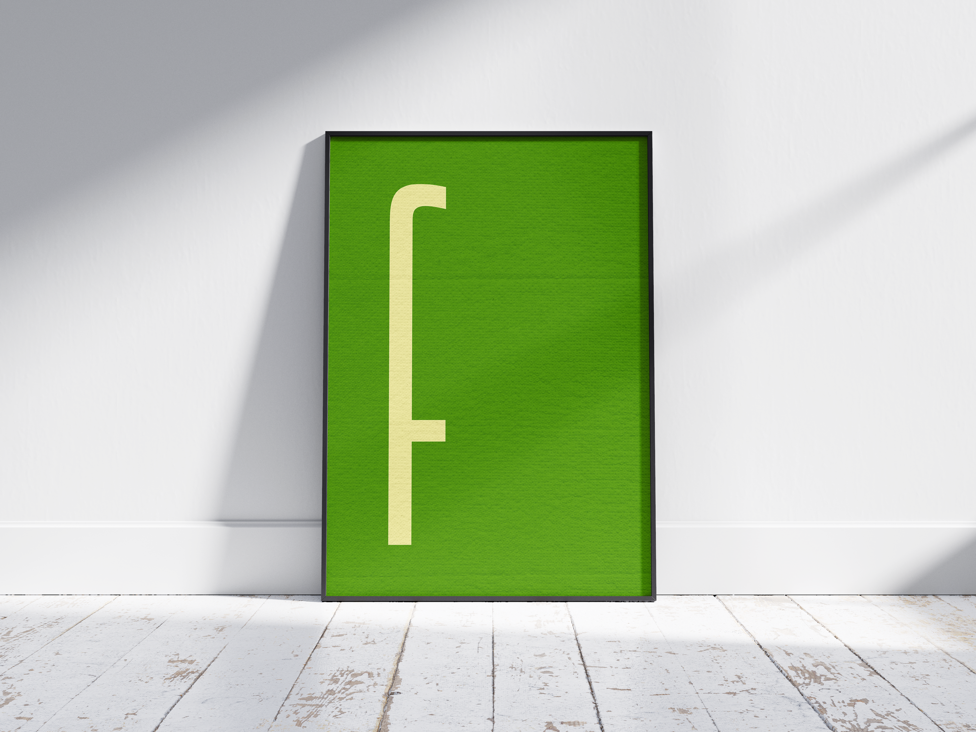 Elegant and minimalist alphabet letter F poster, featuring a slim off-white 'F' on a deep, lime-green background. Perfect wall art for Scandinavian, Nordic, or modern interiors, adding a calm, graphic, and refined touch to a gallery wall.