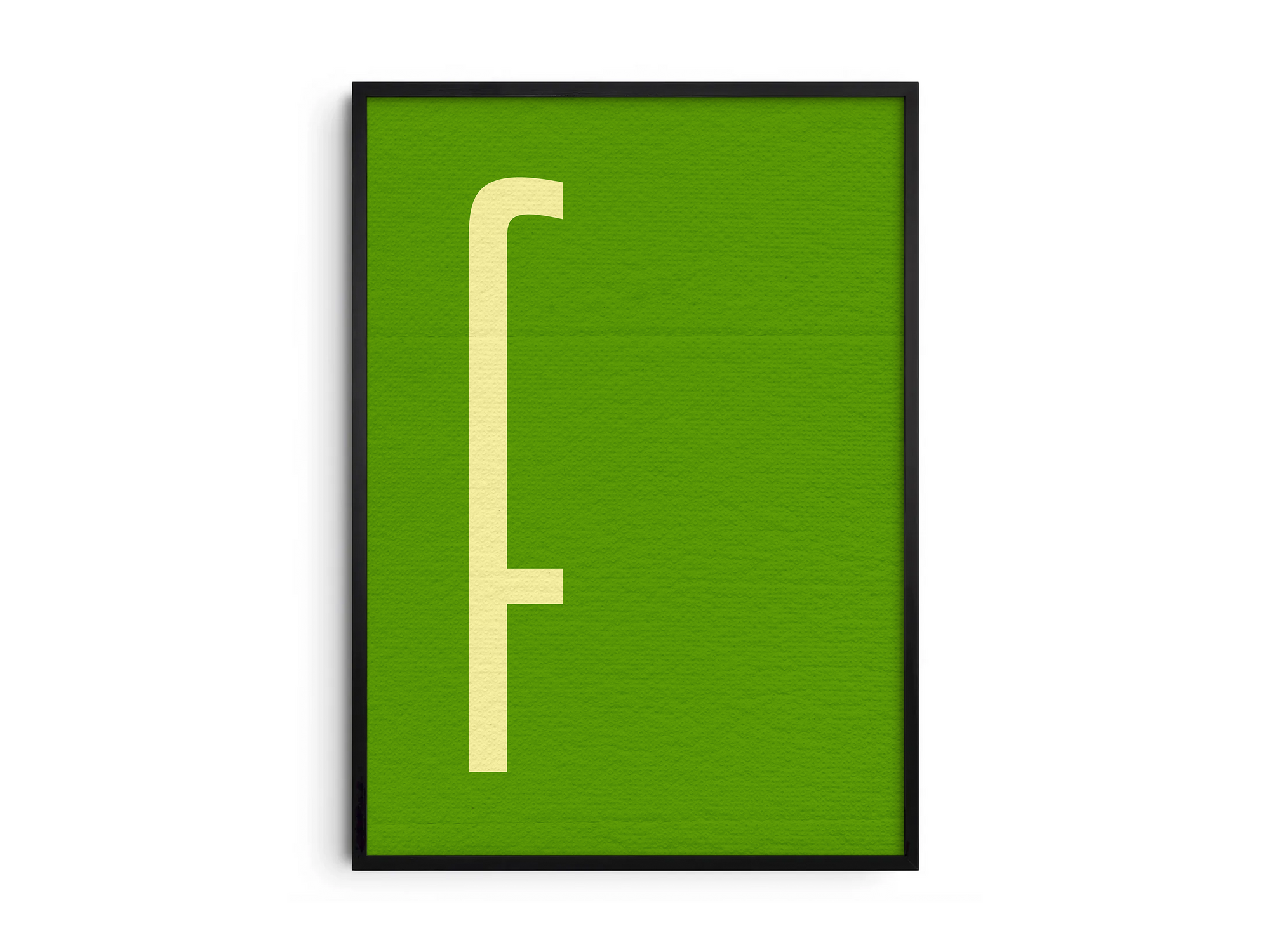 Elegant and minimalist alphabet letter F poster, featuring a slim off-white 'F' on a deep, lime-green background. Perfect wall art for Scandinavian, Nordic, or modern interiors, adding a calm, graphic, and refined touch to a gallery wall.