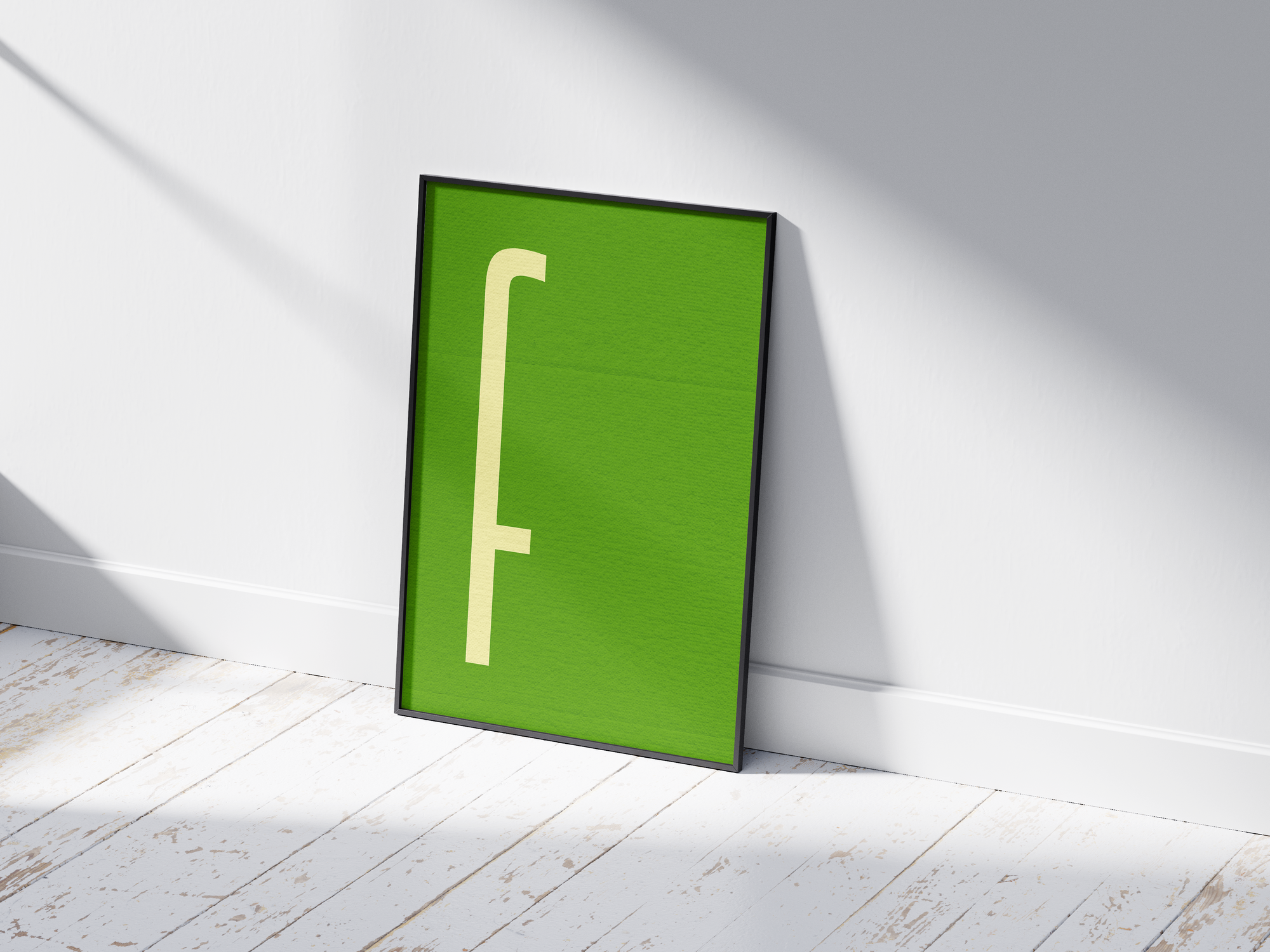Elegant and minimalist alphabet letter F poster, featuring a slim off-white 'F' on a deep, lime-green background. Perfect wall art for Scandinavian, Nordic, or modern interiors, adding a calm, graphic, and refined touch to a gallery wall.