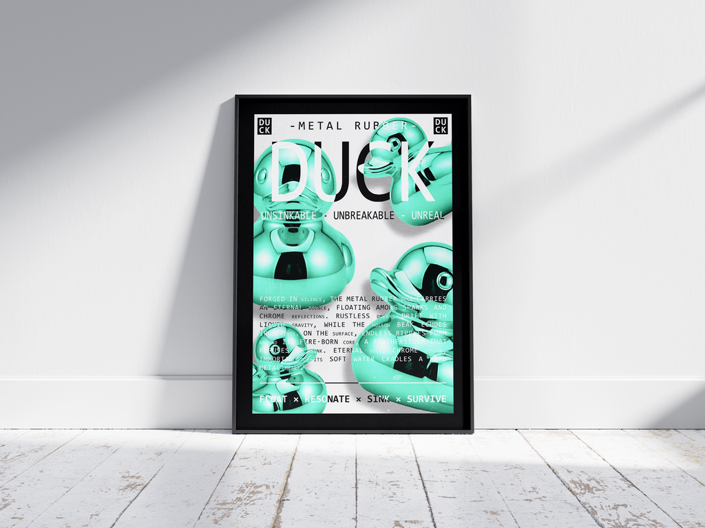 Vibrant metallic rubber duck poster featuring a glossy and reflective illustration in various colors. This modern pop art print is perfect for adding a bold and playful statement to living rooms, offices, or minimalist interiors.