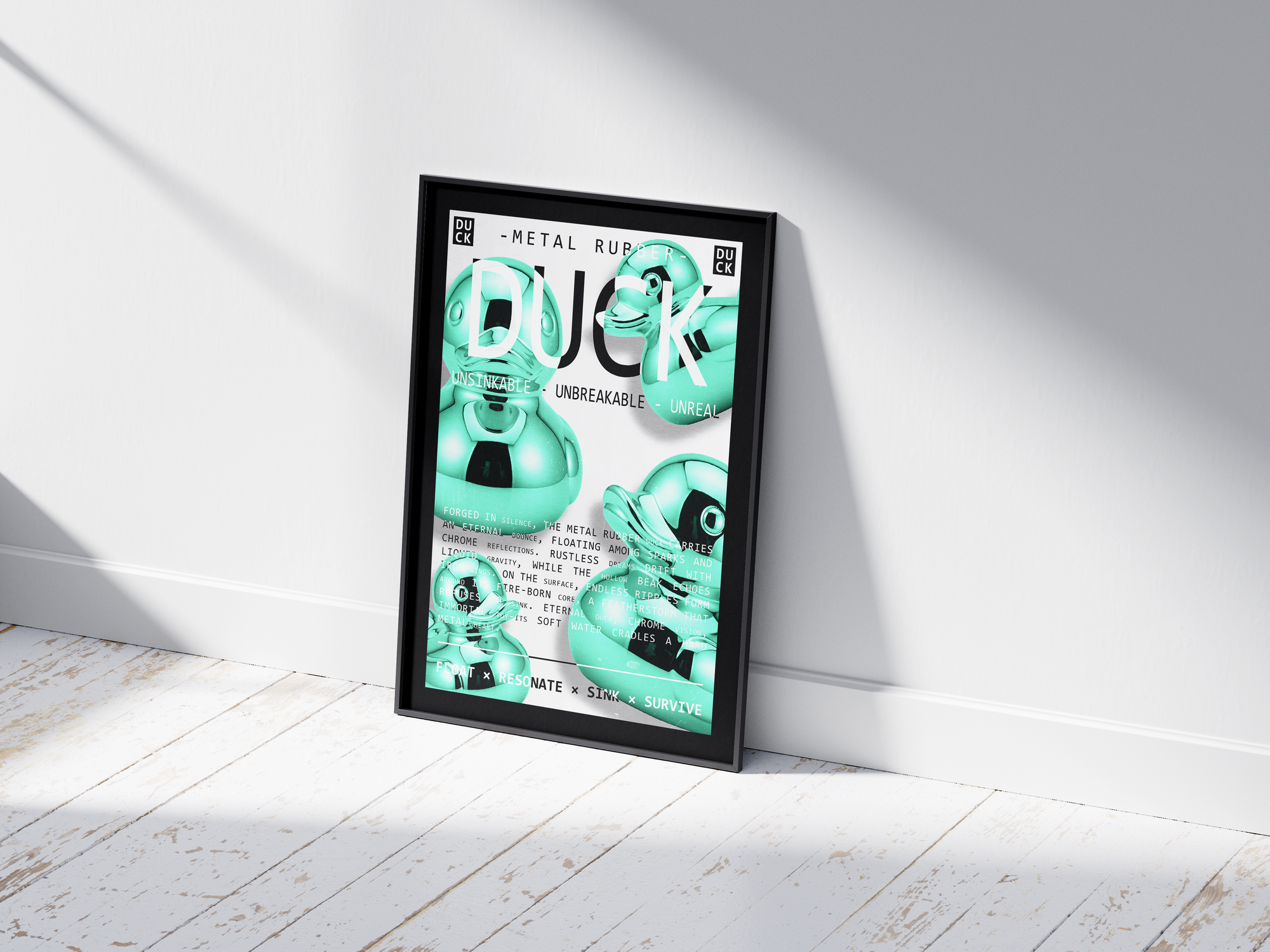 Vibrant metallic rubber duck poster featuring a glossy and reflective illustration in various colors. This modern pop art print is perfect for adding a bold and playful statement to living rooms, offices, or minimalist interiors.