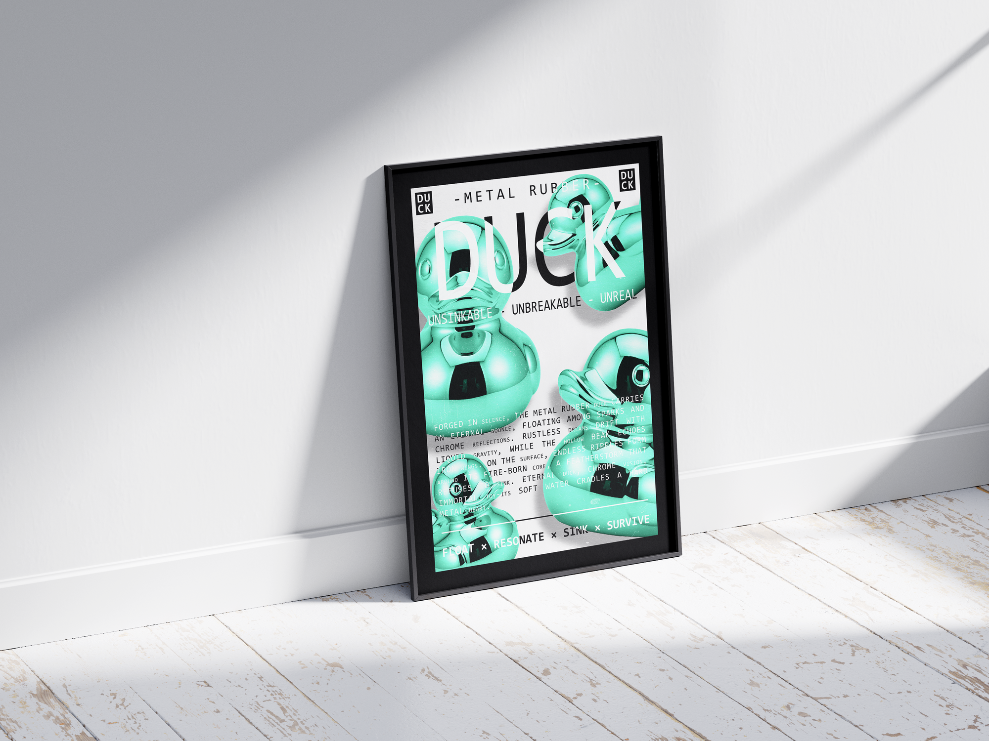 Vibrant metallic rubber duck poster featuring a glossy and reflective illustration in various colors. This modern pop art print is perfect for adding a bold and playful statement to living rooms, offices, or minimalist interiors.