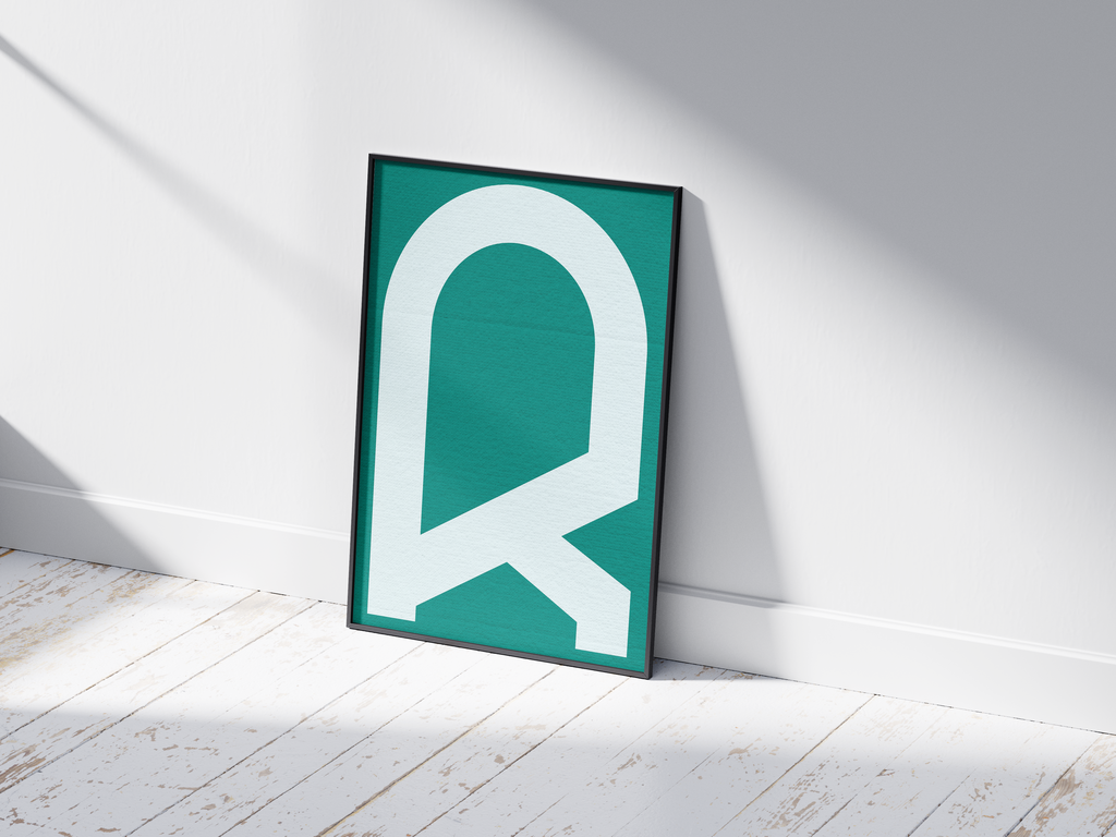 Bold and modern geometric alphabet letter R poster, featuring a crisp white graphic 'R' on a rich teal/sea-green background. Perfect wall art for modern offices, studios, or gallery walls with a clean, confident, and minimalist aesthetic.