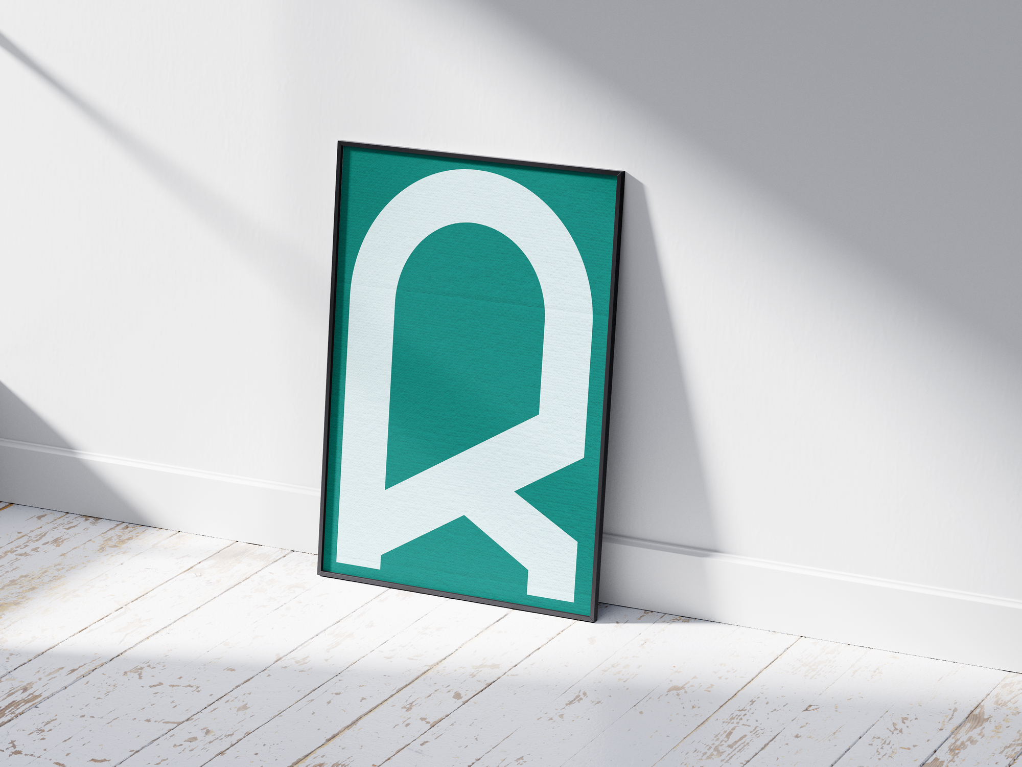 Bold and modern geometric alphabet letter R poster, featuring a crisp white graphic 'R' on a rich teal/sea-green background. Perfect wall art for modern offices, studios, or gallery walls with a clean, confident, and minimalist aesthetic.