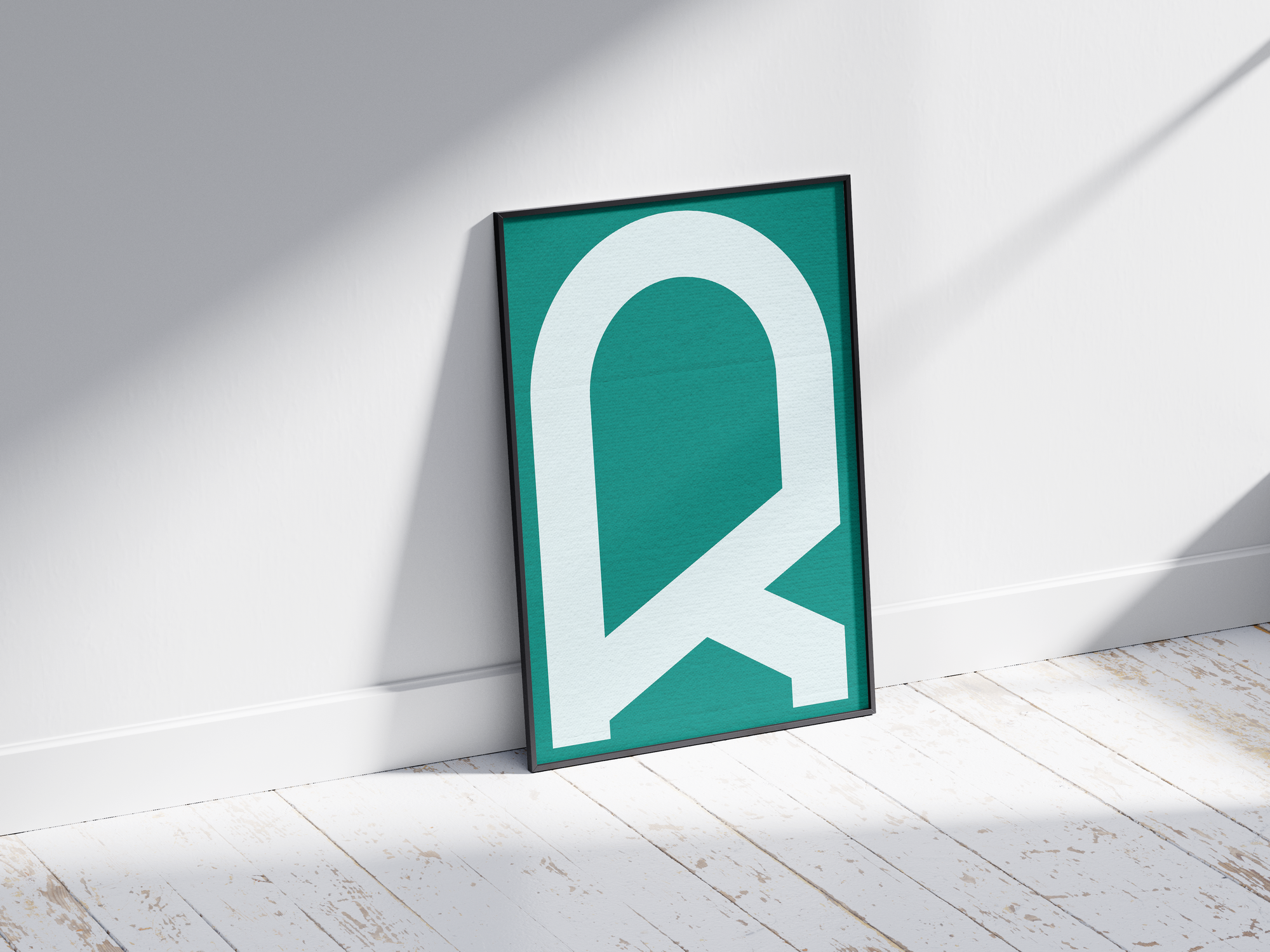 Bold and modern geometric alphabet letter R poster, featuring a crisp white graphic 'R' on a rich teal/sea-green background. Perfect wall art for modern offices, studios, or gallery walls with a clean, confident, and minimalist aesthetic.