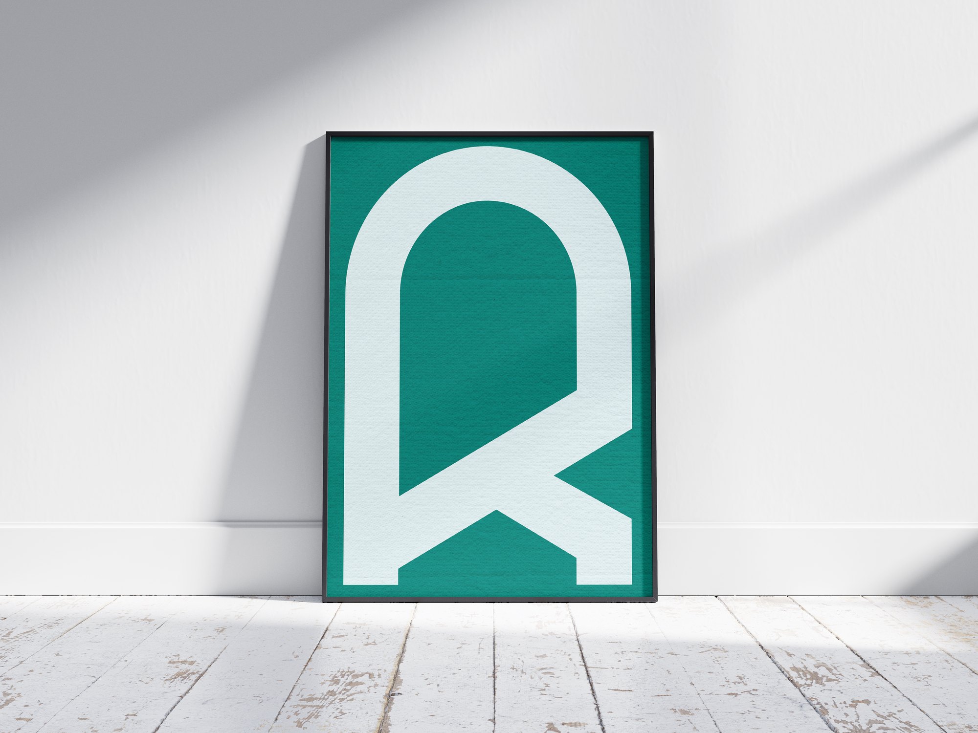 Bold and modern geometric alphabet letter R poster, featuring a crisp white graphic 'R' on a rich teal/sea-green background. Perfect wall art for modern offices, studios, or gallery walls with a clean, confident, and minimalist aesthetic.
