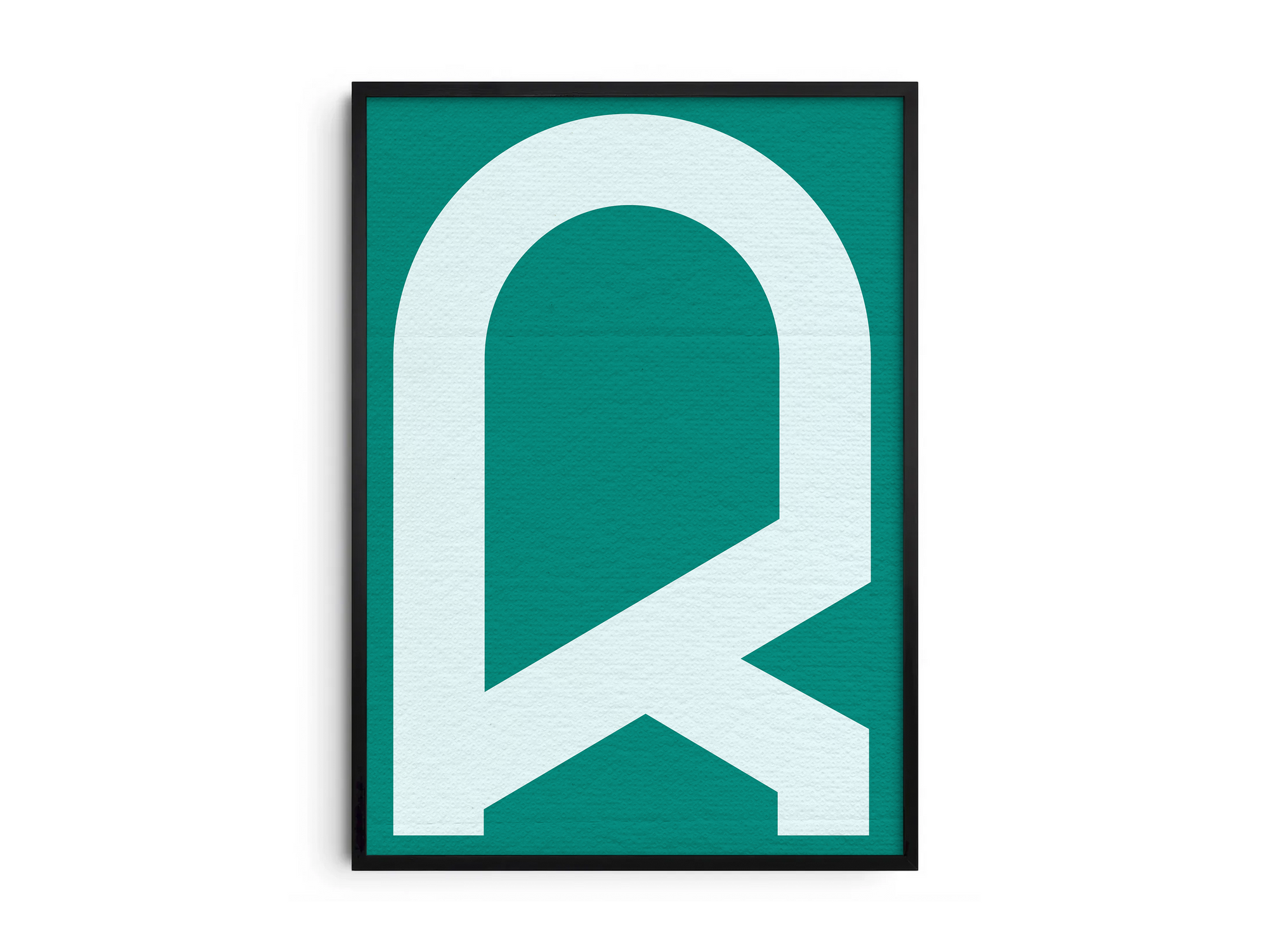 Bold and modern geometric alphabet letter R poster, featuring a crisp white graphic 'R' on a rich teal/sea-green background. Perfect wall art for modern offices, studios, or gallery walls with a clean, confident, and minimalist aesthetic.