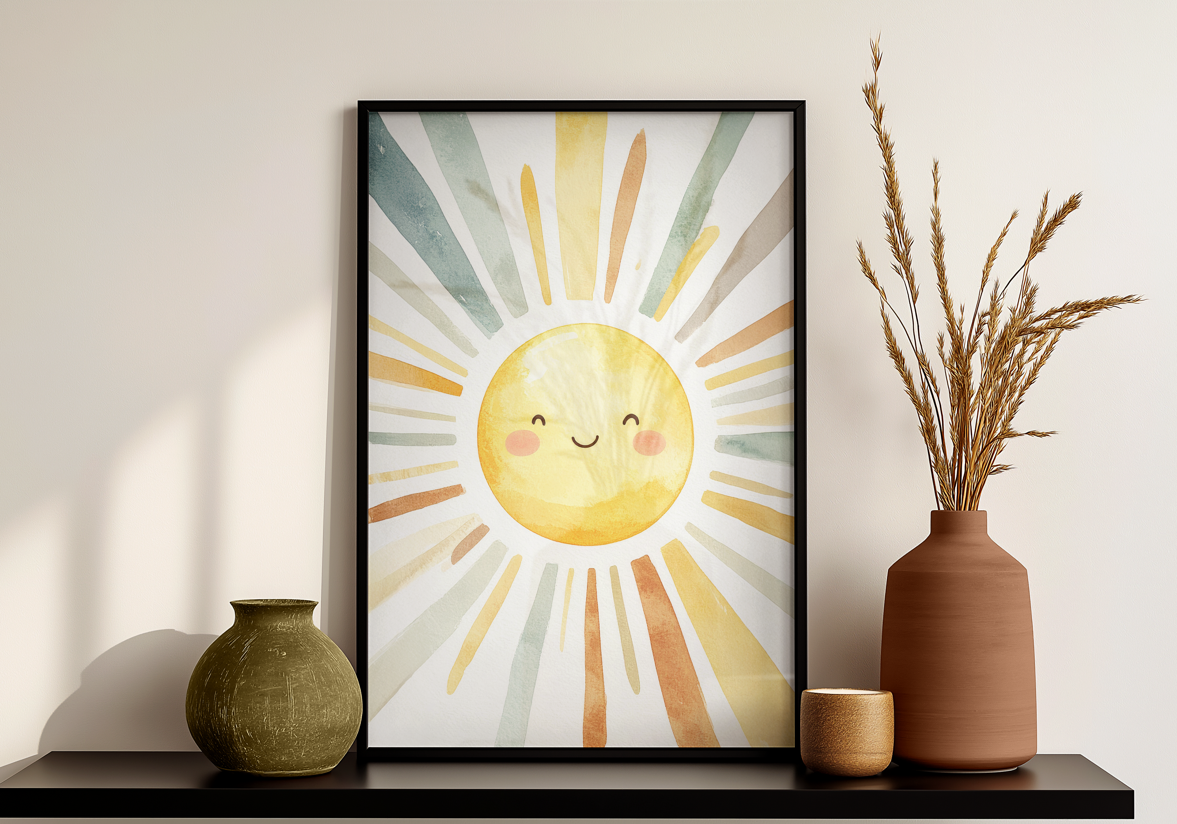 A close-up view of a framed square art print, featuring a cheerful, stylized watercolor sun with orange and yellow rays on a white background. The print is displayed on a thin black floating shelf in a modern interior, positioned next to two decorative vases: a dark green cylinder vase and a taller brown ceramic vase with dried reeds.