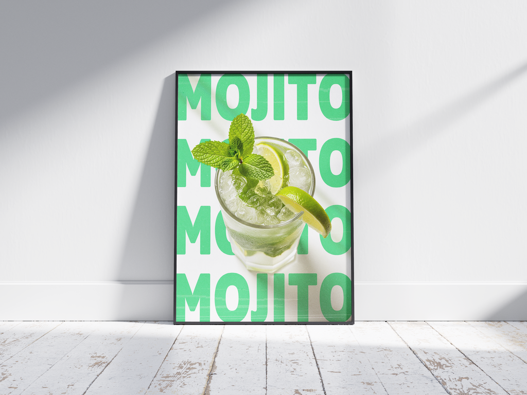 Classic Mojito cocktail poster featuring lively typography and a refreshing drink illustration, printed on semi-gloss sustainable paper. Perfect wall art for kitchens, bar areas, or modern interiors with a fresh and vibrant aesthetic.