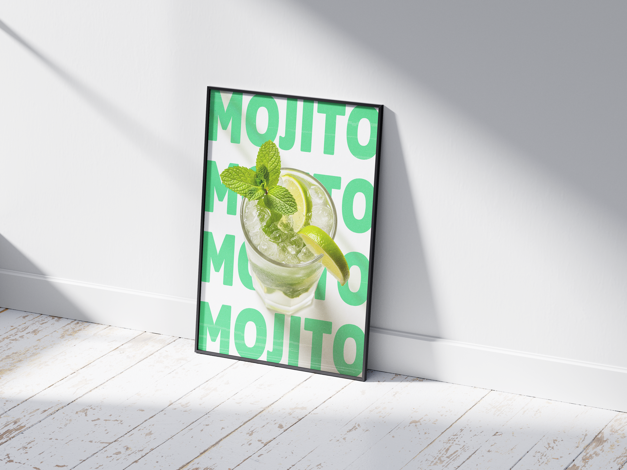 Classic Mojito cocktail poster featuring lively typography and a refreshing drink illustration, printed on semi-gloss sustainable paper. Perfect wall art for kitchens, bar areas, or modern interiors with a fresh and vibrant aesthetic.