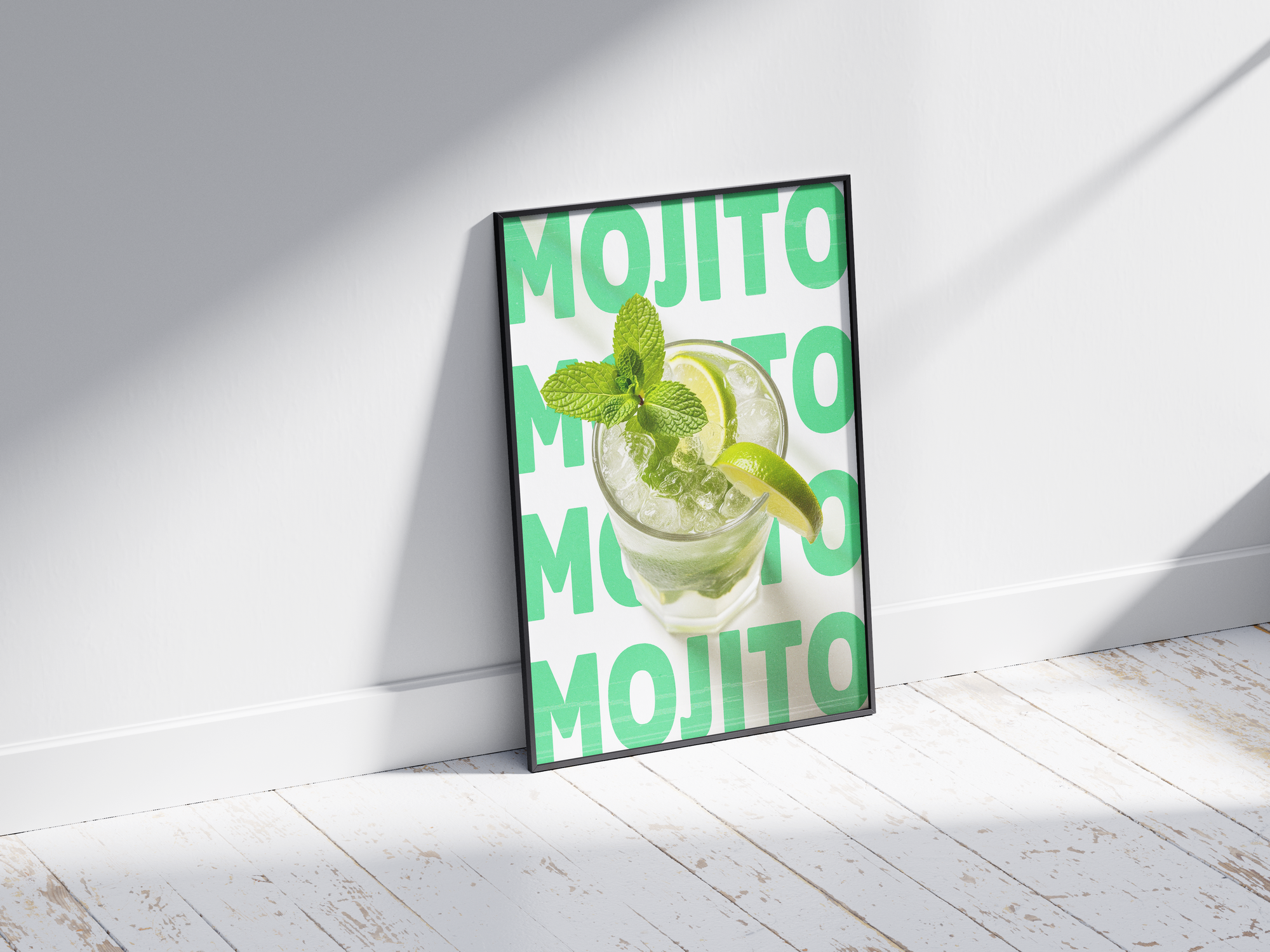 Classic Mojito cocktail poster featuring lively typography and a refreshing drink illustration, printed on semi-gloss sustainable paper. Perfect wall art for kitchens, bar areas, or modern interiors with a fresh and vibrant aesthetic.