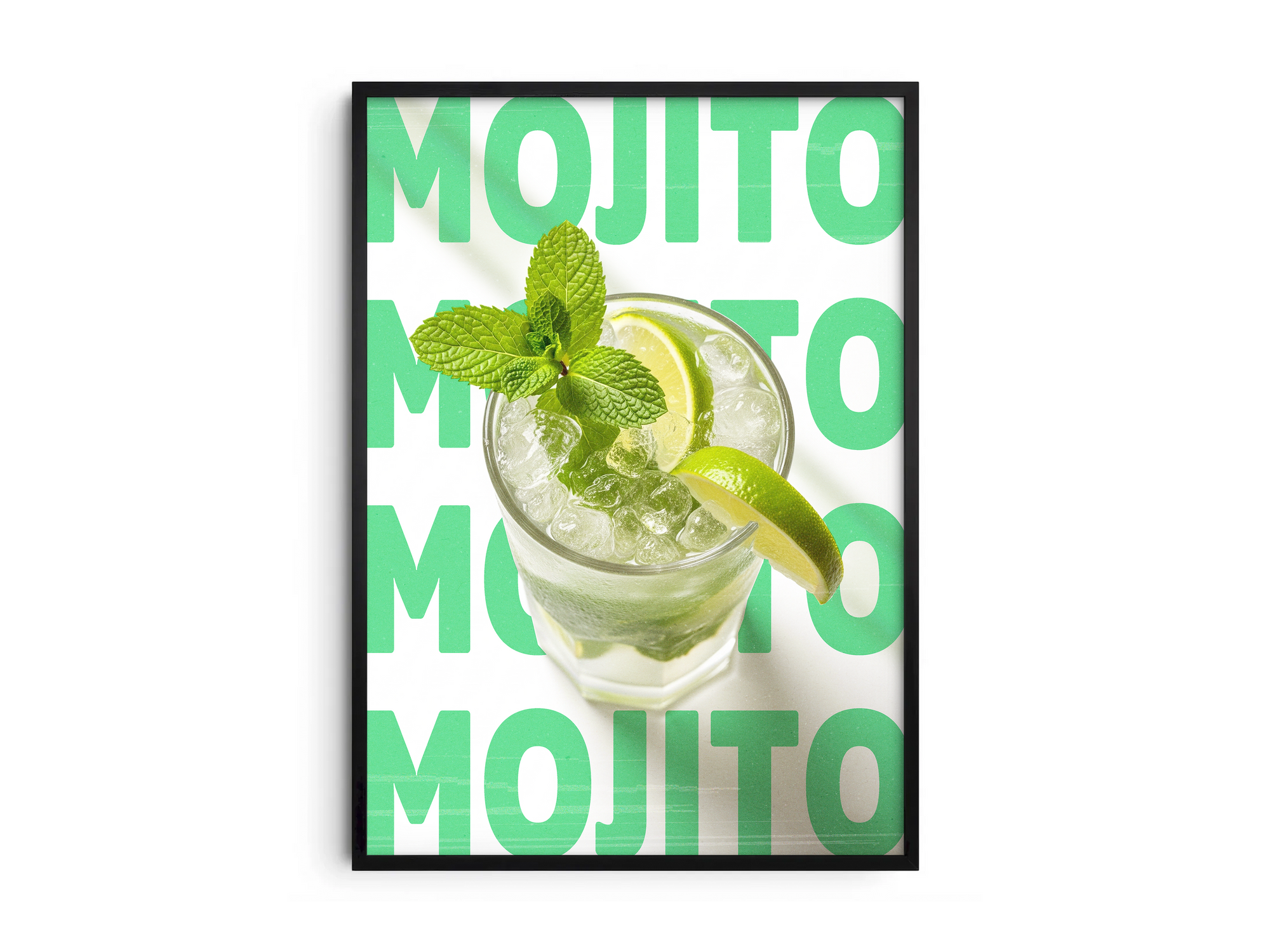 Classic Mojito cocktail poster featuring lively typography and a refreshing drink illustration, printed on semi-gloss sustainable paper. Perfect wall art for kitchens, bar areas, or modern interiors with a fresh and vibrant aesthetic.