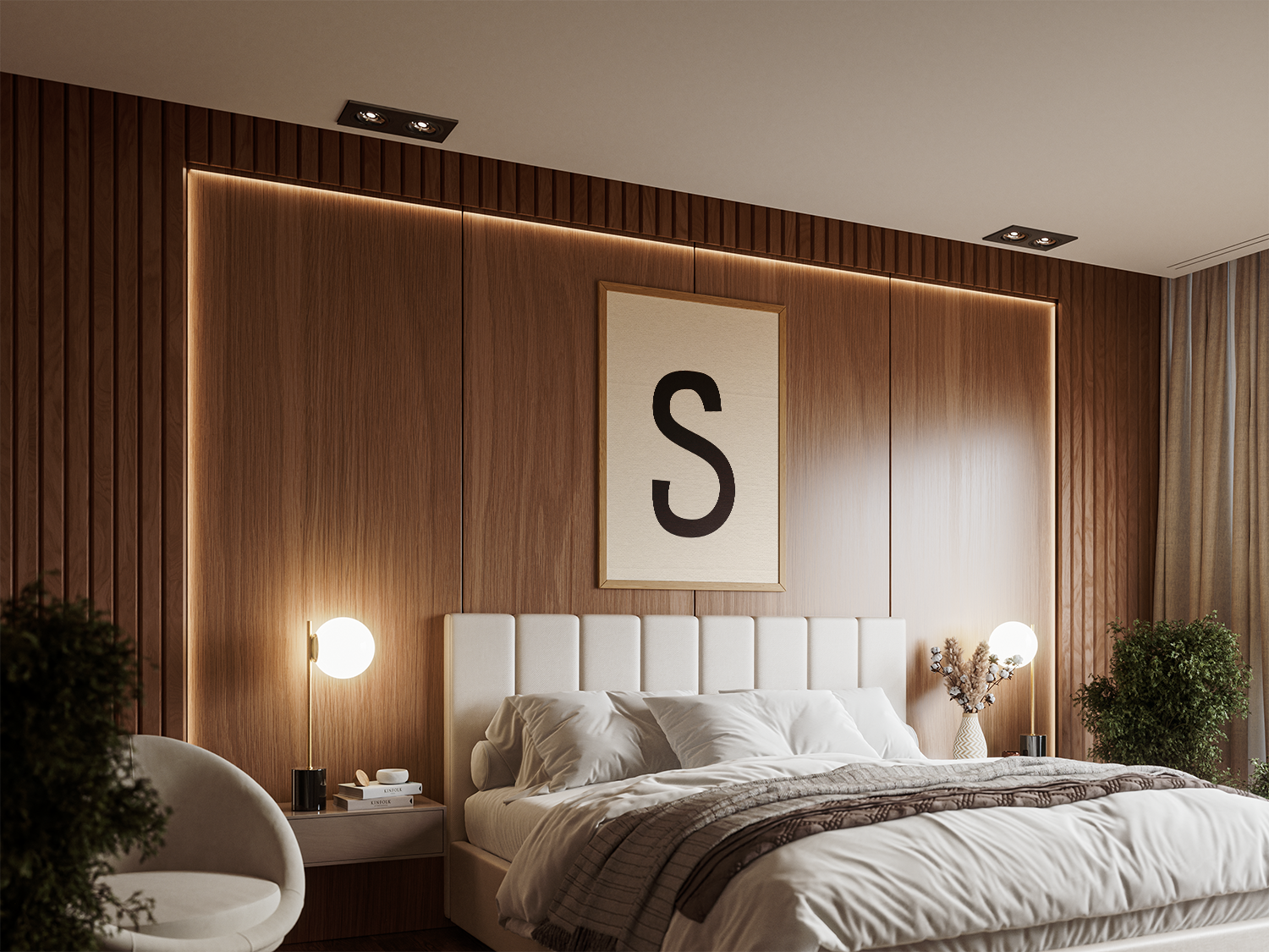 A large, elegant monogram art print featuring a bold, black script letter 'S' centered on a neutral, canvas-like background. Perfect for personalizing a master bedroom or adding a simple, refined touch to a living area. The framed print hangs above a luxurious white upholstered bed with warm wood paneling, lit by modern globe lamps, creating a sophisticated and cozy bedroom ambiance.