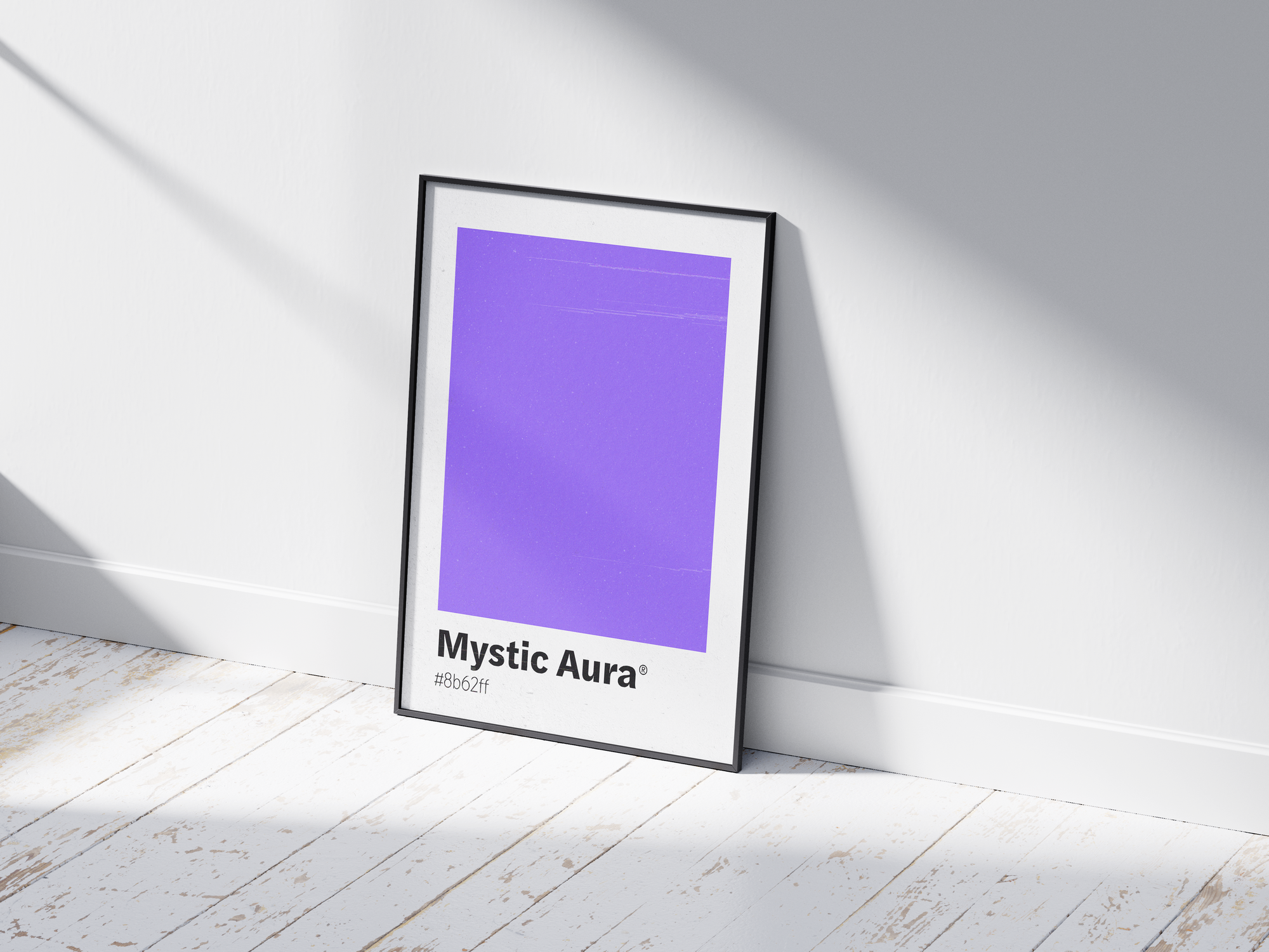 Minimalist purple color swatch poster featuring the unique shade "Mystic Aura" with its hexadecimal code #8b62ff. This modern art print is ideal for adding a sophisticated and vibrant touch to contemporary interiors, bedrooms, or gallery walls.