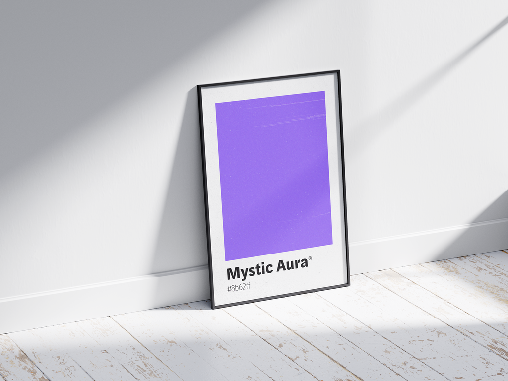 Minimalist purple color swatch poster featuring the unique shade "Mystic Aura" with its hexadecimal code #8b62ff. This modern art print is ideal for adding a sophisticated and vibrant touch to contemporary interiors, bedrooms, or gallery walls.