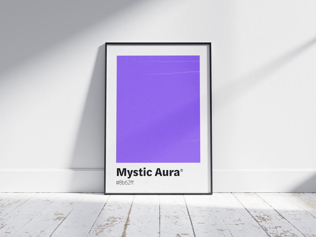 Minimalist purple color swatch poster featuring the unique shade "Mystic Aura" with its hexadecimal code #8b62ff. This modern art print is ideal for adding a sophisticated and vibrant touch to contemporary interiors, bedrooms, or gallery walls.