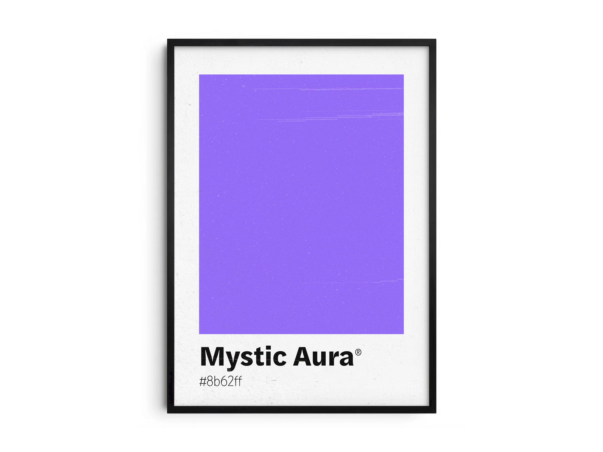 Minimalist purple color swatch poster featuring the unique shade "Mystic Aura" with its hexadecimal code #8b62ff. This modern art print is ideal for adding a sophisticated and vibrant touch to contemporary interiors, bedrooms, or gallery walls.