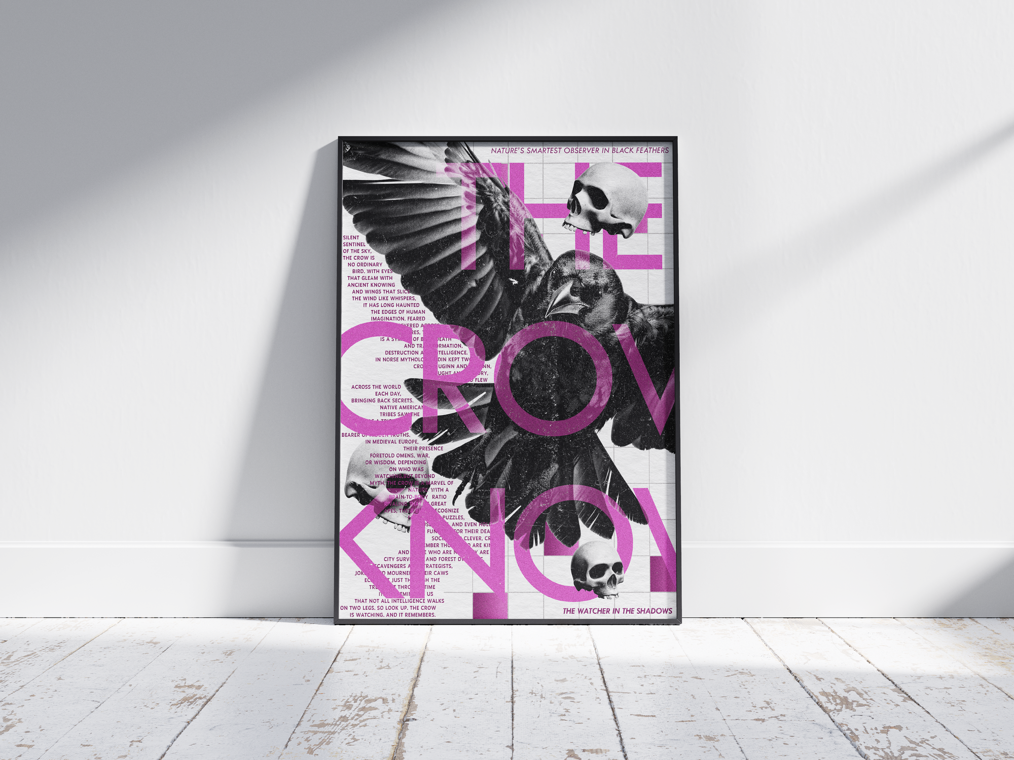 Intriguing mystical crow and skull art poster with "Nature's Smartest Observer in Black Feathers" text, featuring a detailed crow illustration, printed on semi-gloss sustainable paper. Perfect wall art for studies, offices, or modern interiors with a dark academia or symbolic aesthetic.
