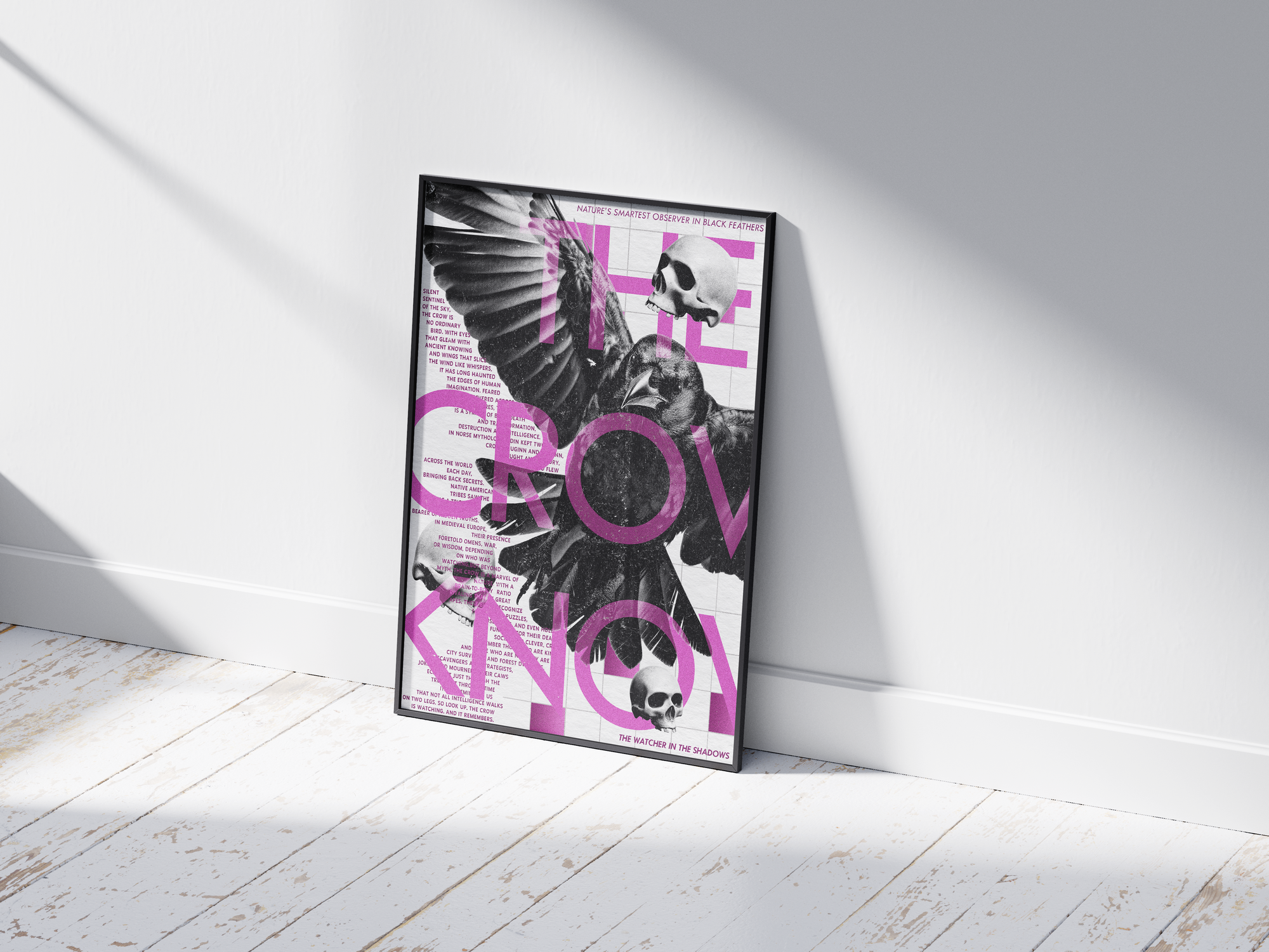 Intriguing mystical crow and skull art poster with "Nature's Smartest Observer in Black Feathers" text, featuring a detailed crow illustration, printed on semi-gloss sustainable paper. Perfect wall art for studies, offices, or modern interiors with a dark academia or symbolic aesthetic.