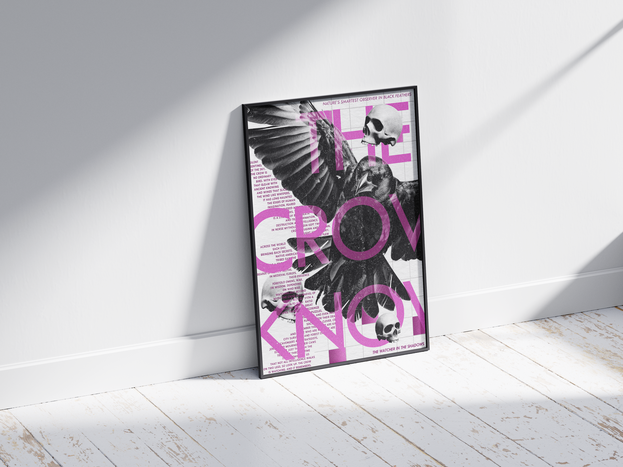 Intriguing mystical crow and skull art poster with "Nature's Smartest Observer in Black Feathers" text, featuring a detailed crow illustration, printed on semi-gloss sustainable paper. Perfect wall art for studies, offices, or modern interiors with a dark academia or symbolic aesthetic.