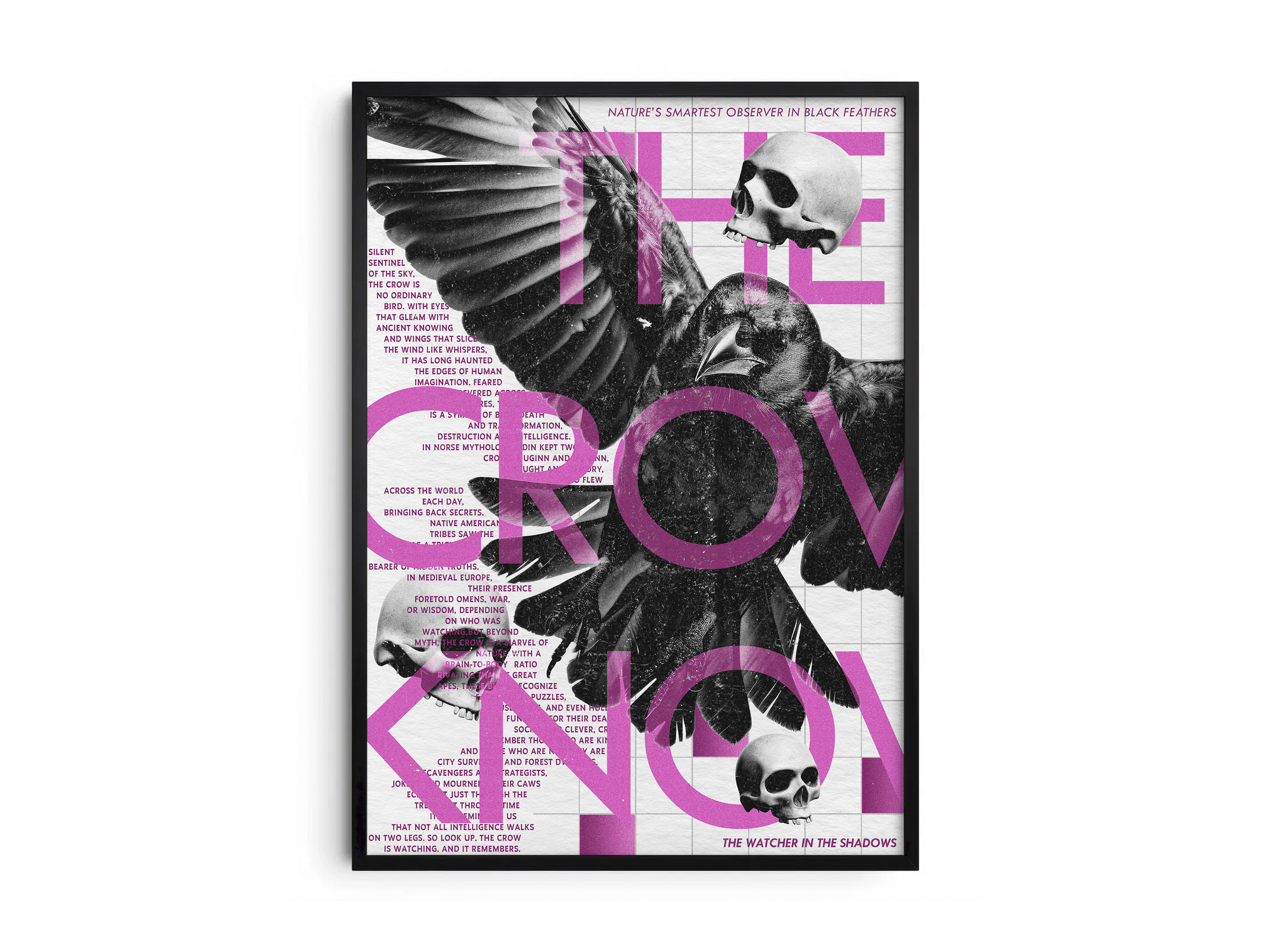 Intriguing mystical crow and skull art poster with "Nature's Smartest Observer in Black Feathers" text, featuring a detailed crow illustration, printed on semi-gloss sustainable paper. Perfect wall art for studies, offices, or modern interiors with a dark academia or symbolic aesthetic.