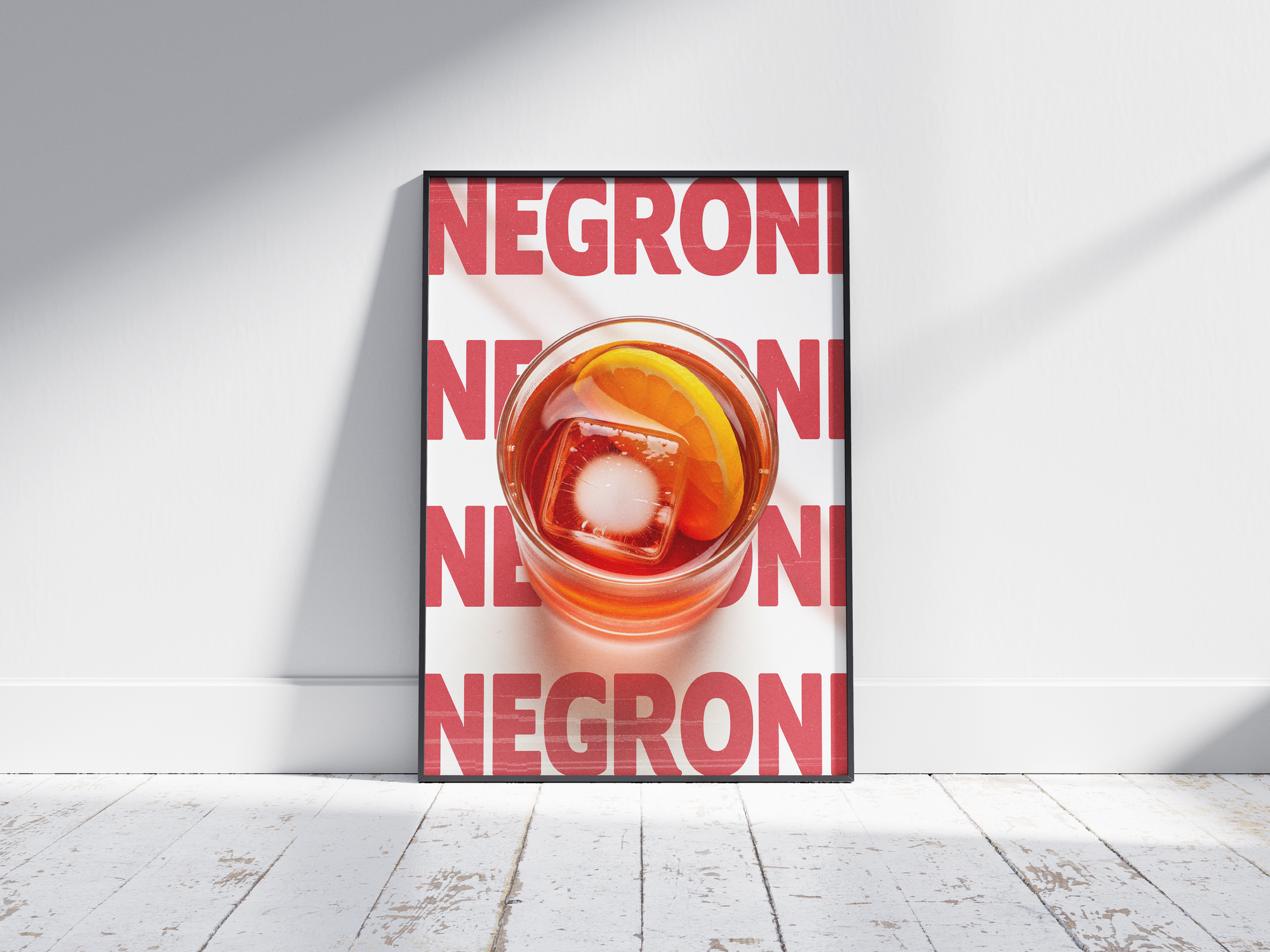 Classic Negroni cocktail poster featuring elegant typography and a bold drink illustration, printed on semi-gloss sustainable paper. Perfect wall art for living rooms, bar areas, or modern interiors with a sophisticated and timeless aesthetic.