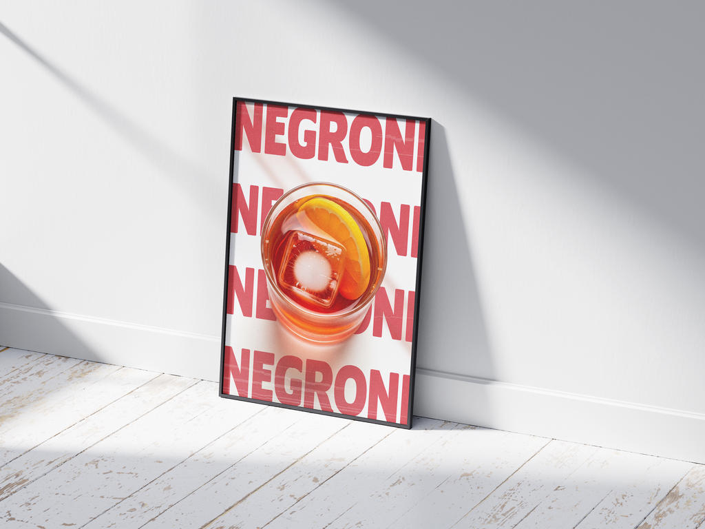 Classic Negroni cocktail poster featuring elegant typography and a bold drink illustration, printed on semi-gloss sustainable paper. Perfect wall art for living rooms, bar areas, or modern interiors with a sophisticated and timeless aesthetic.